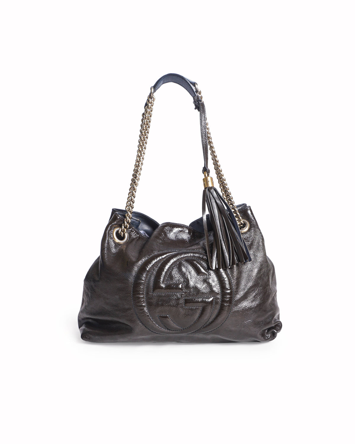 Gucci Soho Dark Brown Patent Leather GG Chain Tote Bag