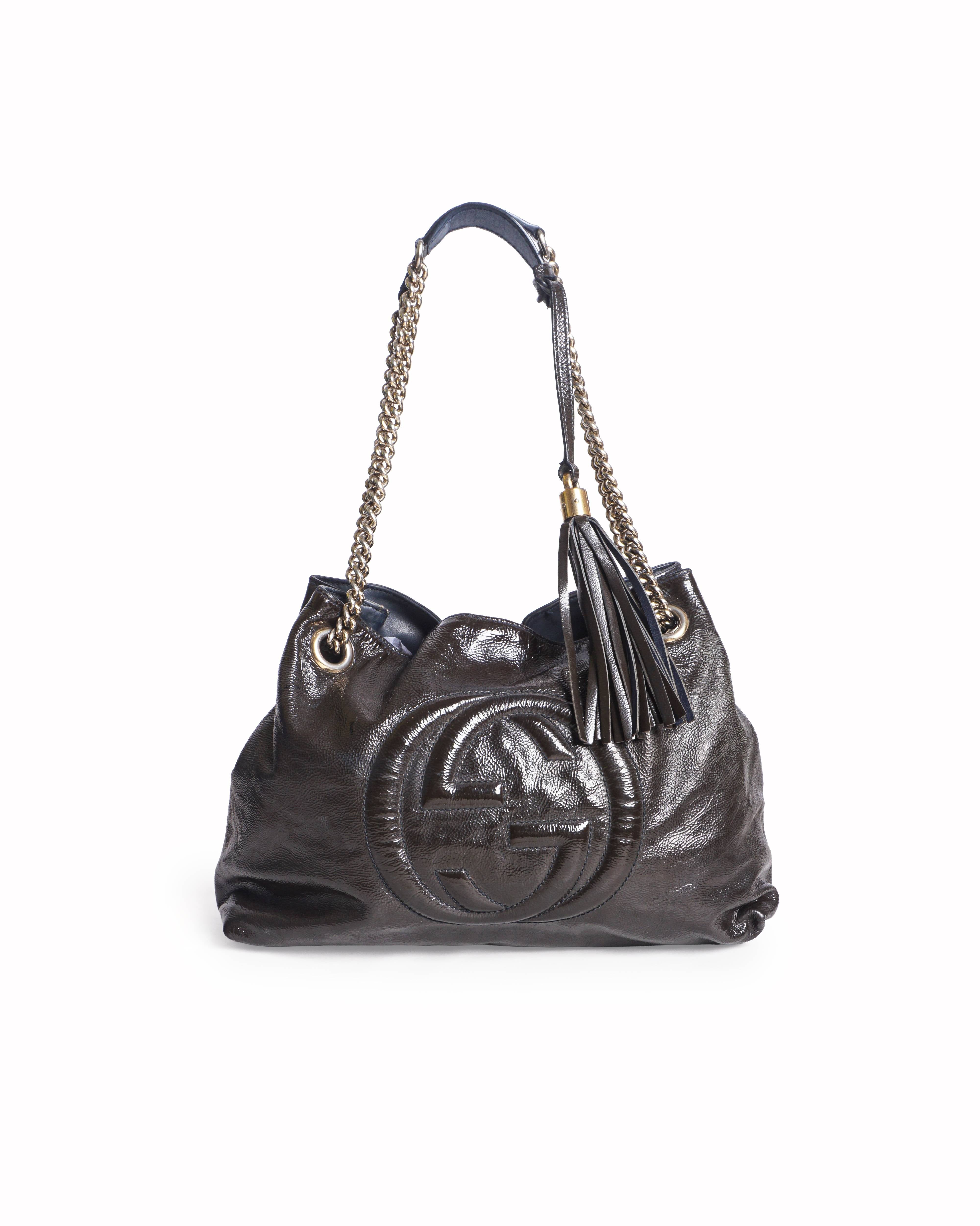 Gucci Soho Dark Brown Patent Leather GG Chain Tote Bag