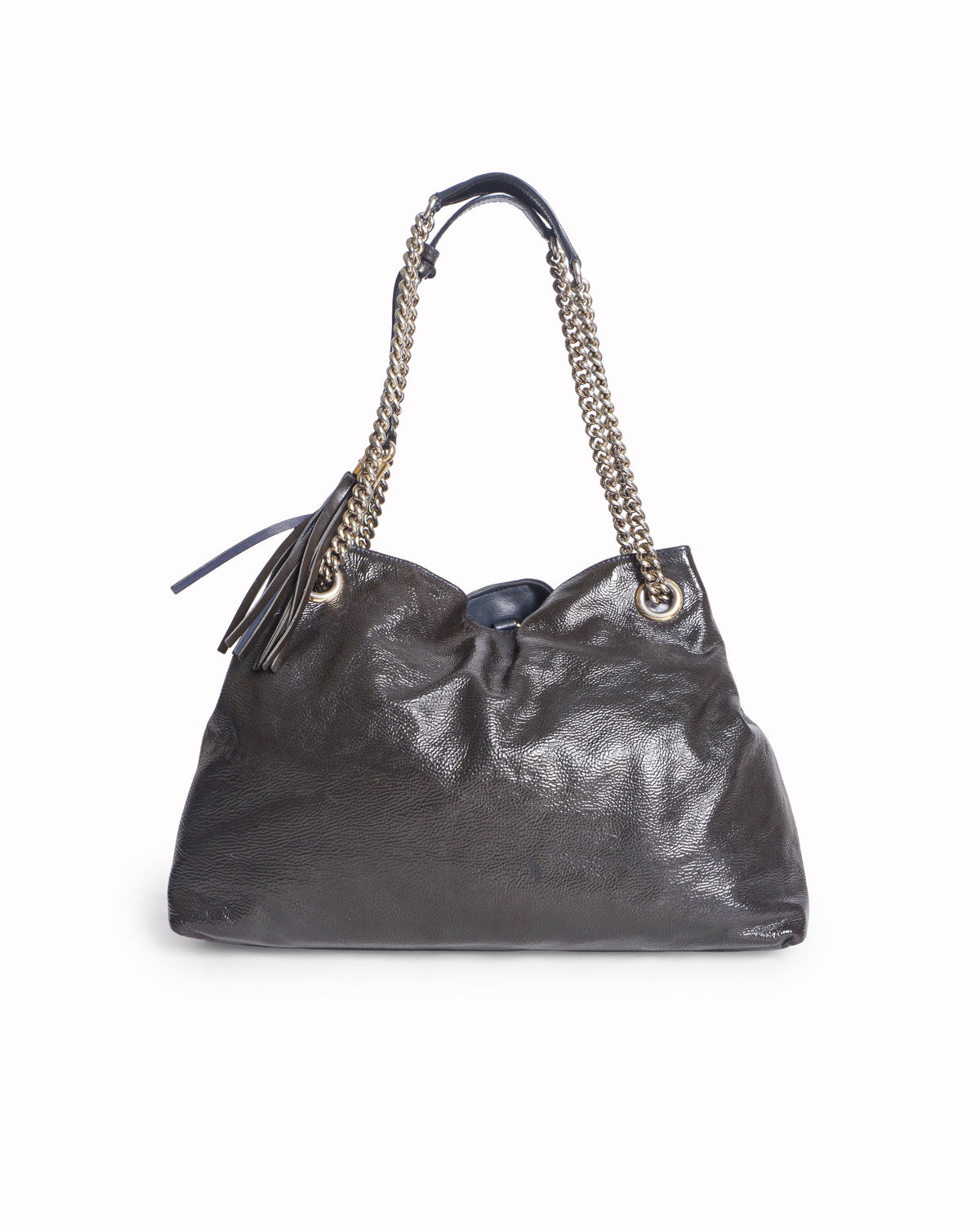 Gucci Soho Dark Brown Patent Leather GG Chain Tote Bag