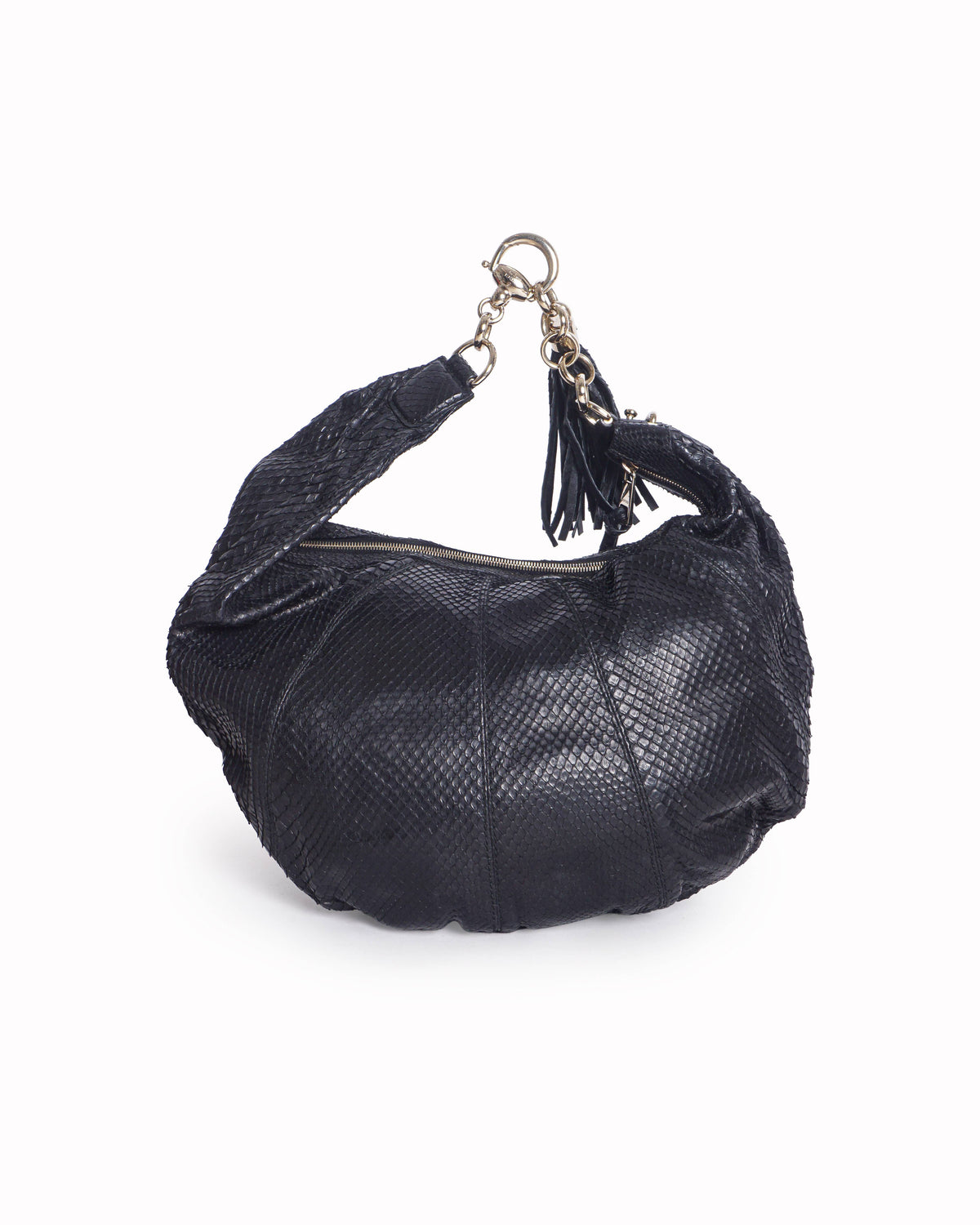 Gucci Black Genuine Python Skin Exotic Hobo Tassel Bag