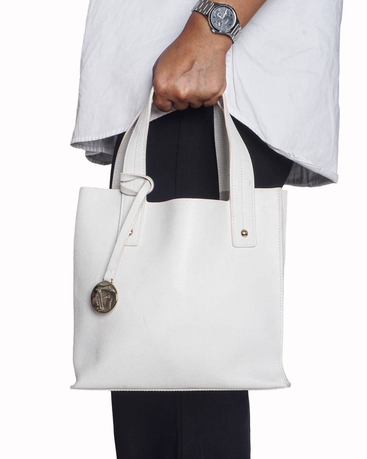 Furla Off-White Leather Shopper Tote Bag