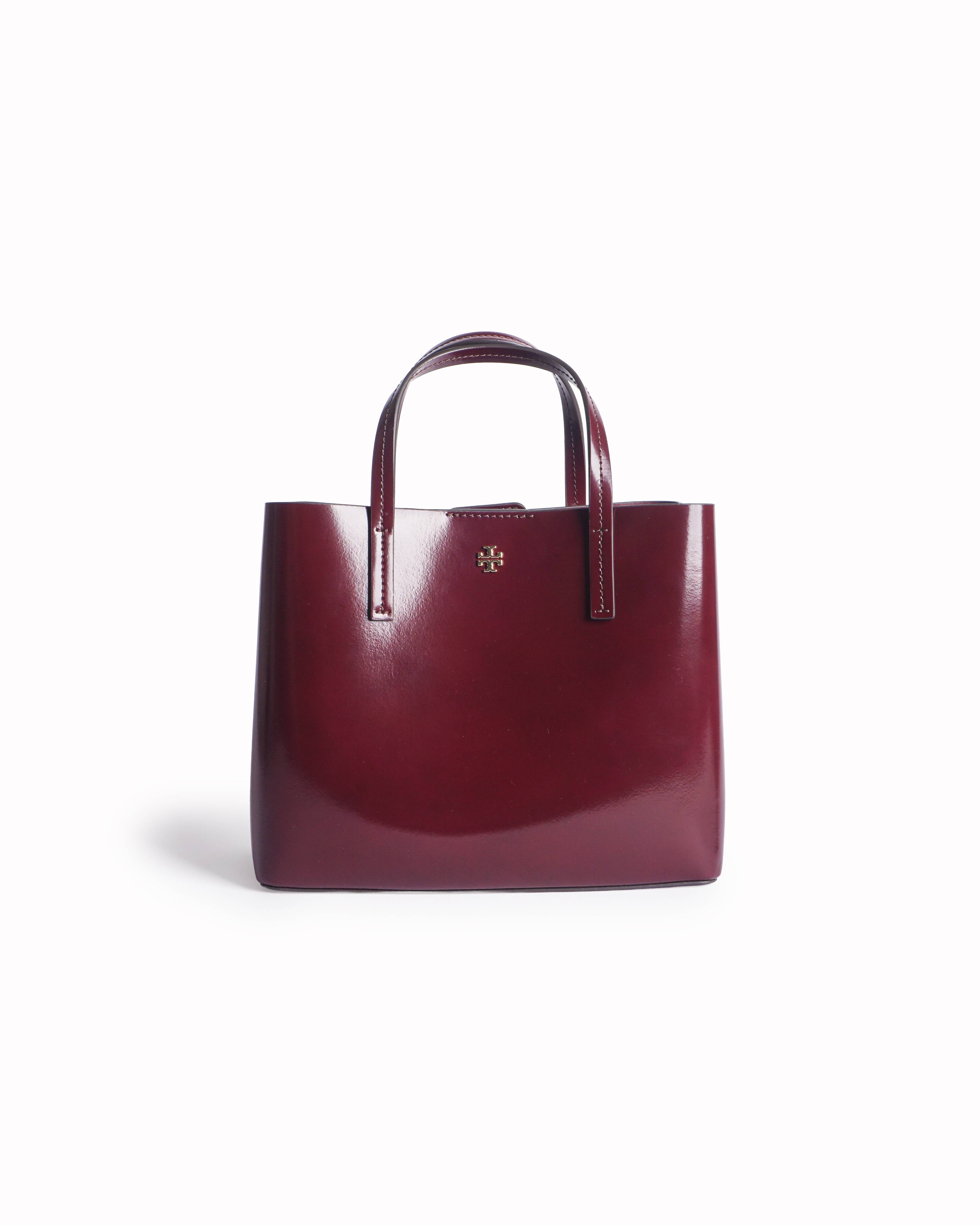Tory Burch Perry Burgundy Patent Leather Small Tote Bag