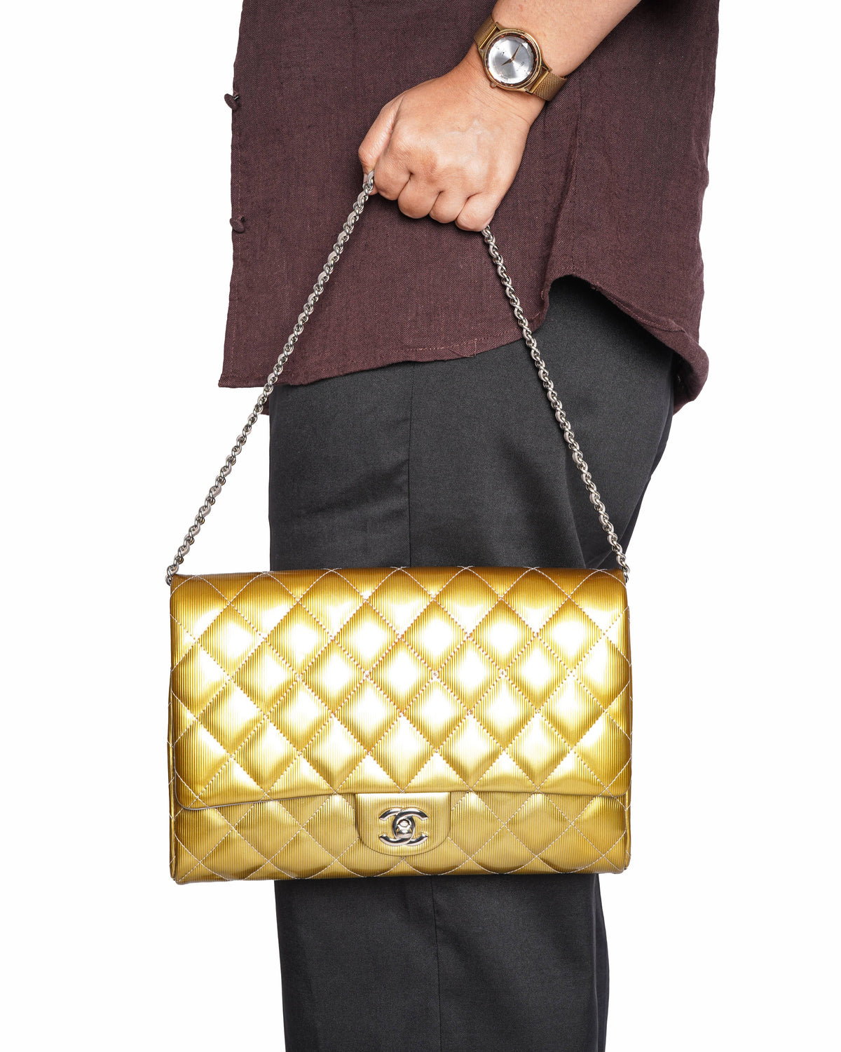 Chanel yellow patent wallet on chain