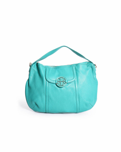 Tory Burch Teal Blue Leather Amanda Flat Hobo Bag