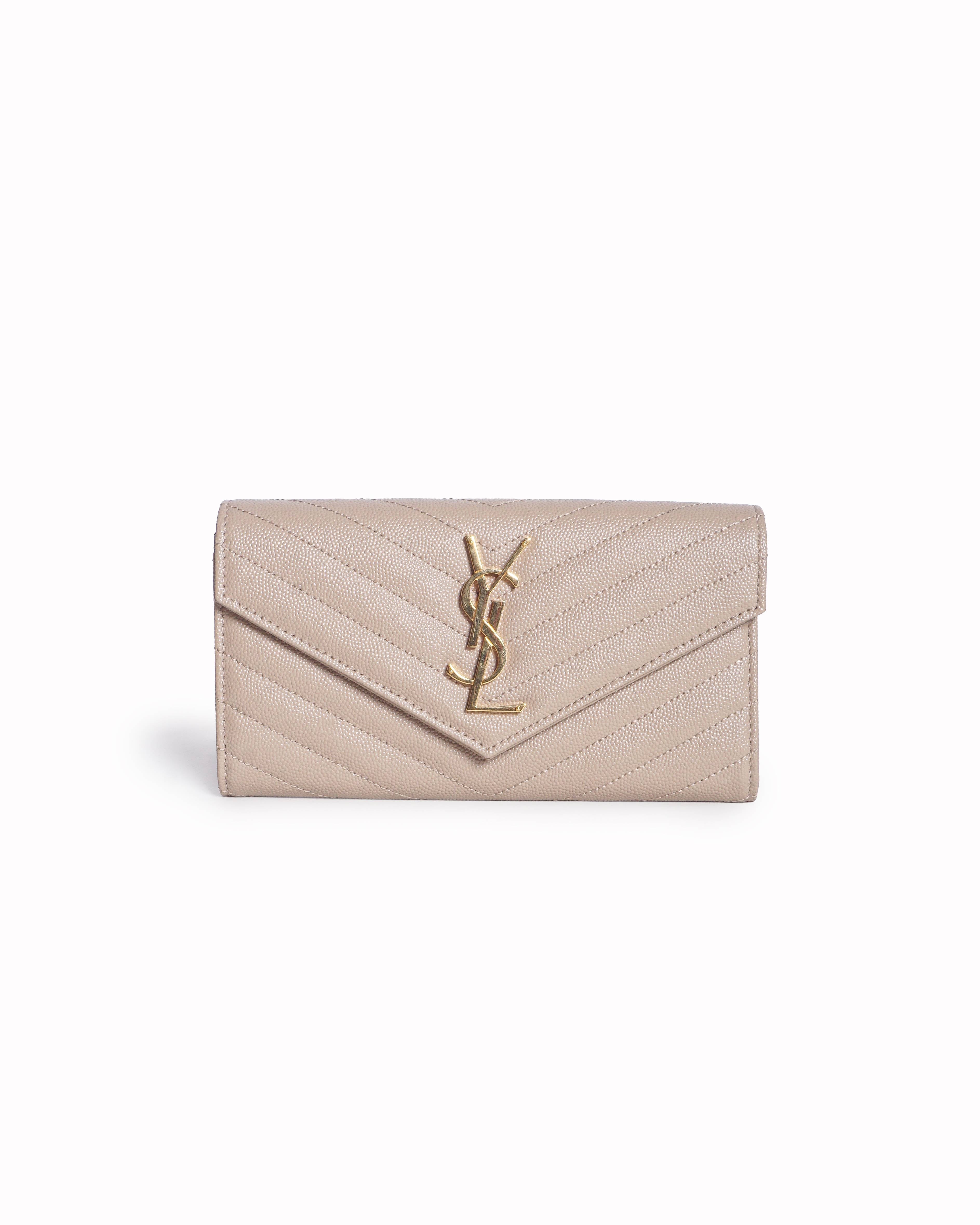 Saint Laurent Beige Grain de Poudre Cassandre Flap Wallet