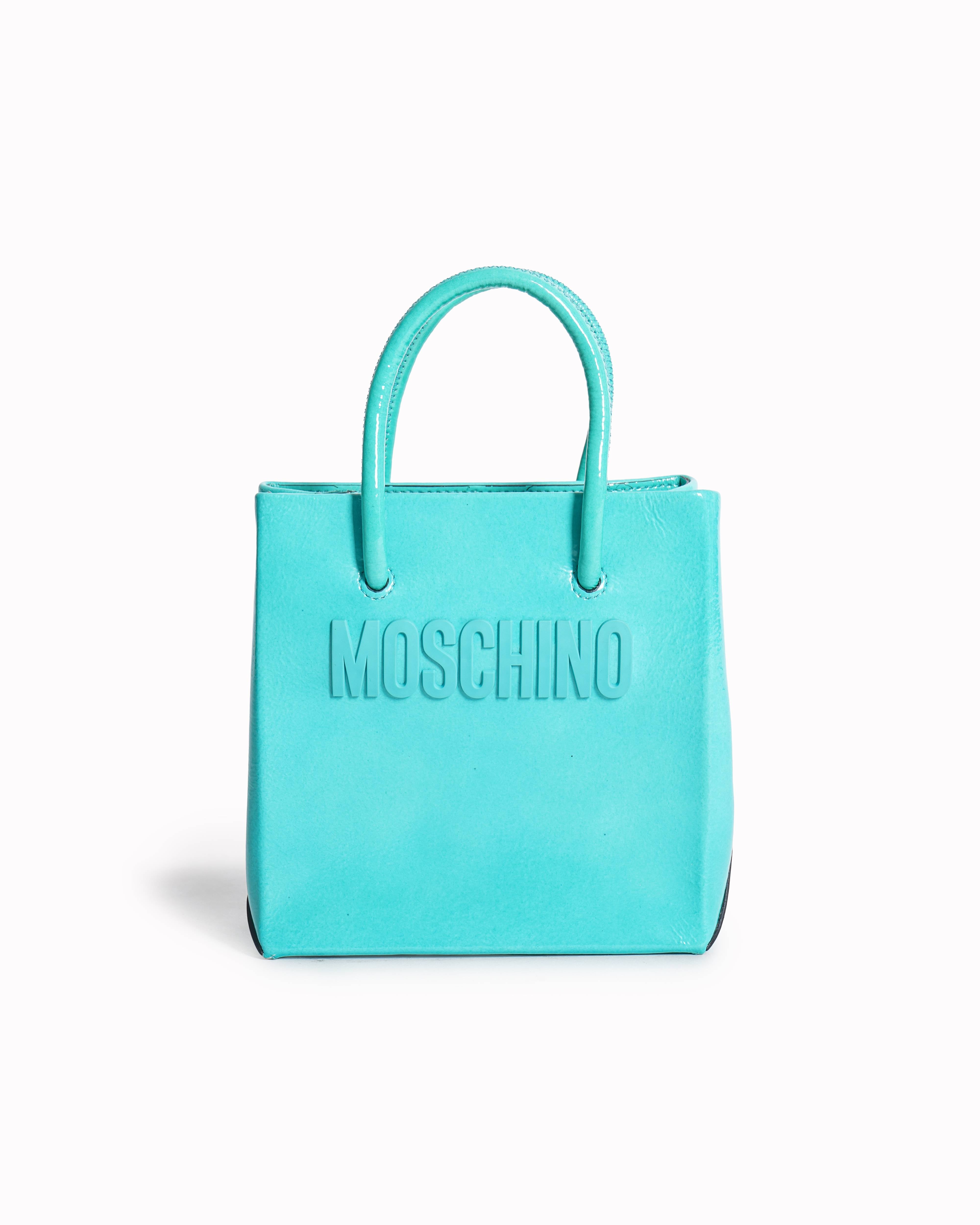 Moschino Small Logo Patent Leather Tote Bag In Aquamarine Blue