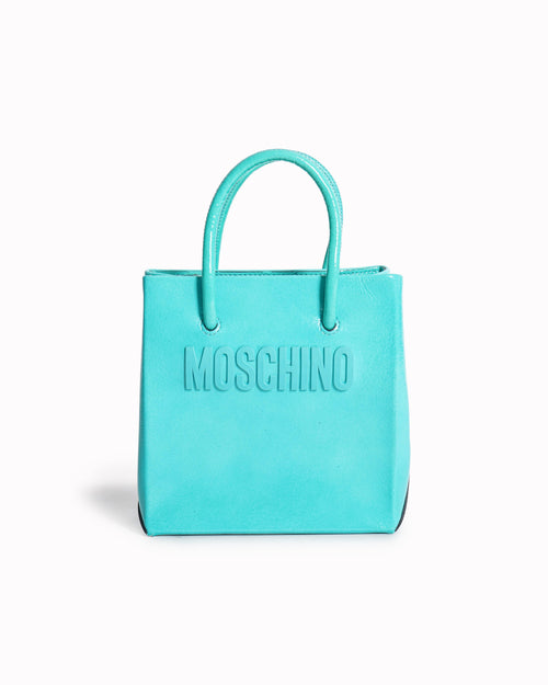 Moschino Small Logo Patent Leather Tote Bag In Aquamarine Blue