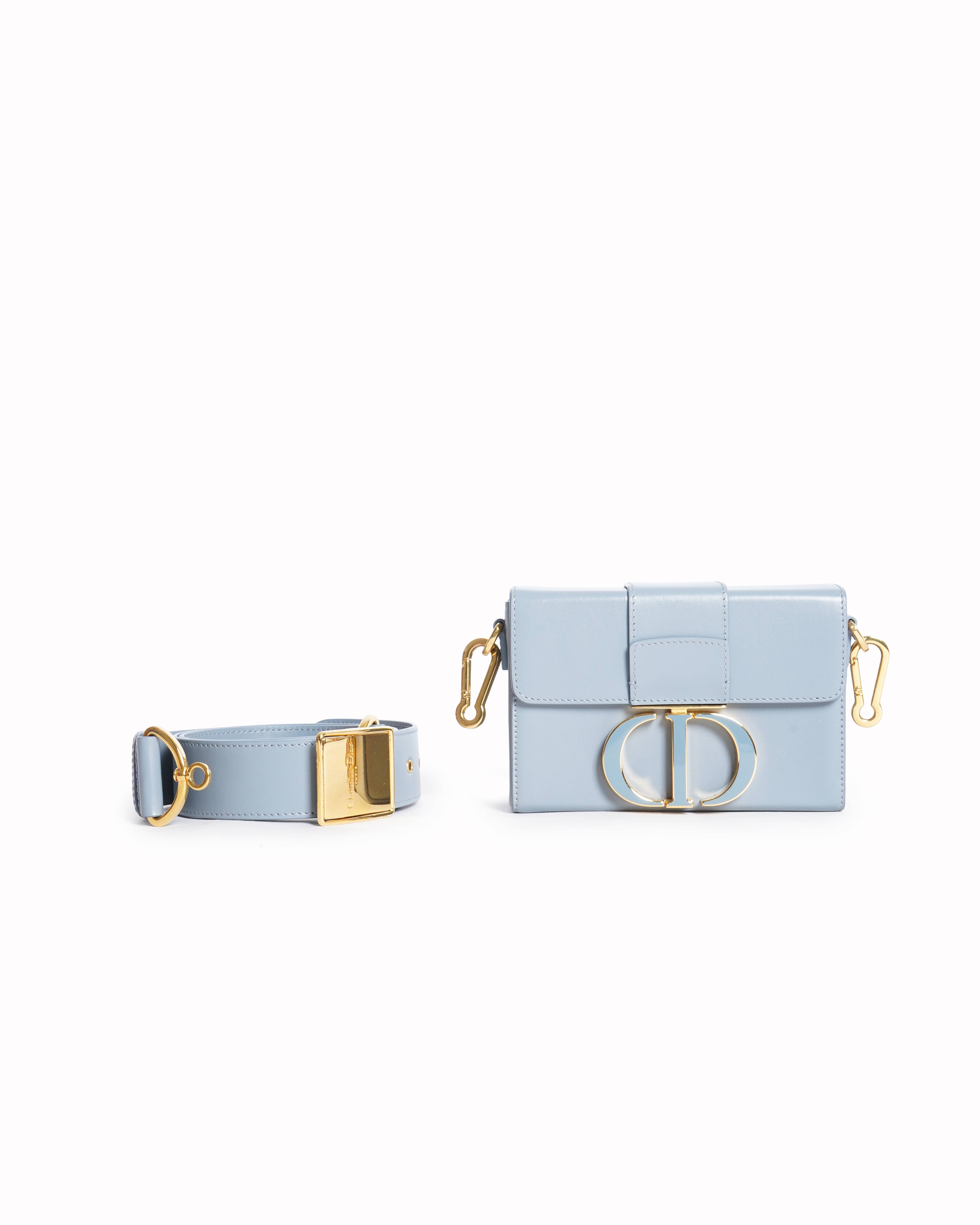 New Christian Dior 30 Montaigne Bag In Greyish Blue Leather & Gold Tone Hardware