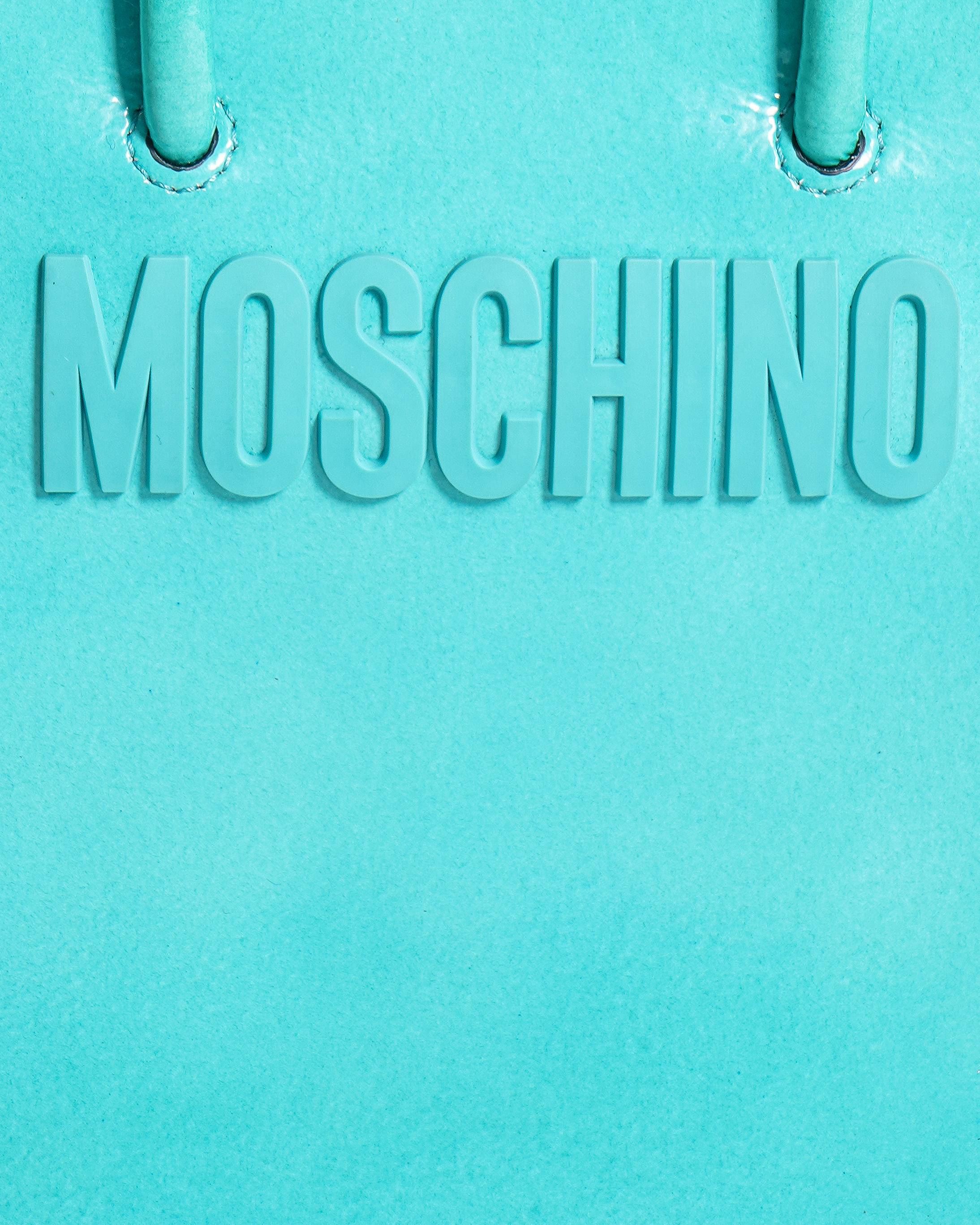 Moschino Small Logo Patent Leather Tote Bag In Aquamarine Blue