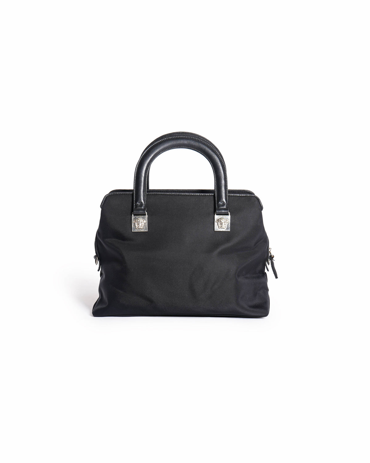 Vintage Versace Black Nylon and Leather Medusa Head Satchel Bag
