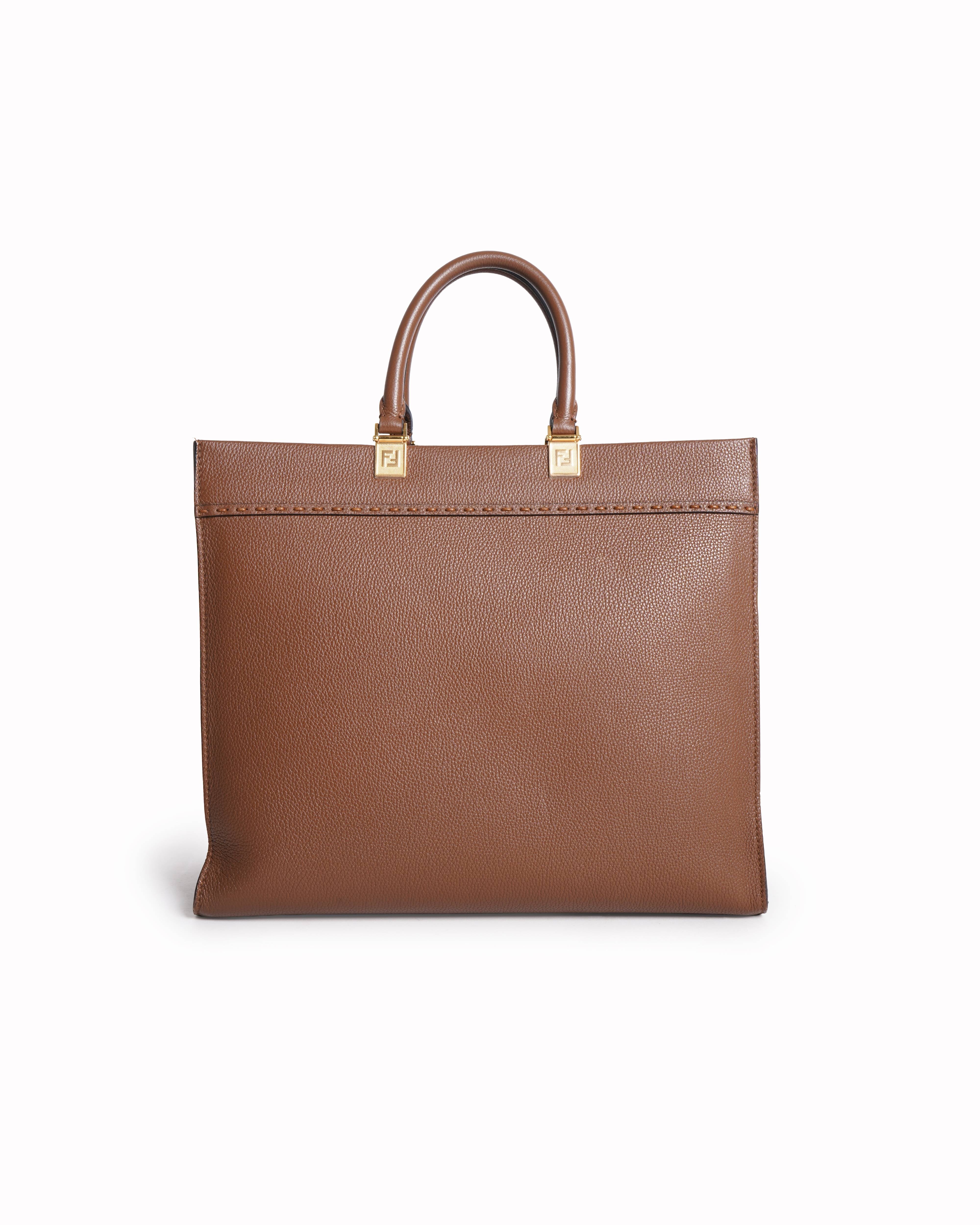 Fendi Sunshine Medium Brown Grained Leather Tote Bag | Authentic