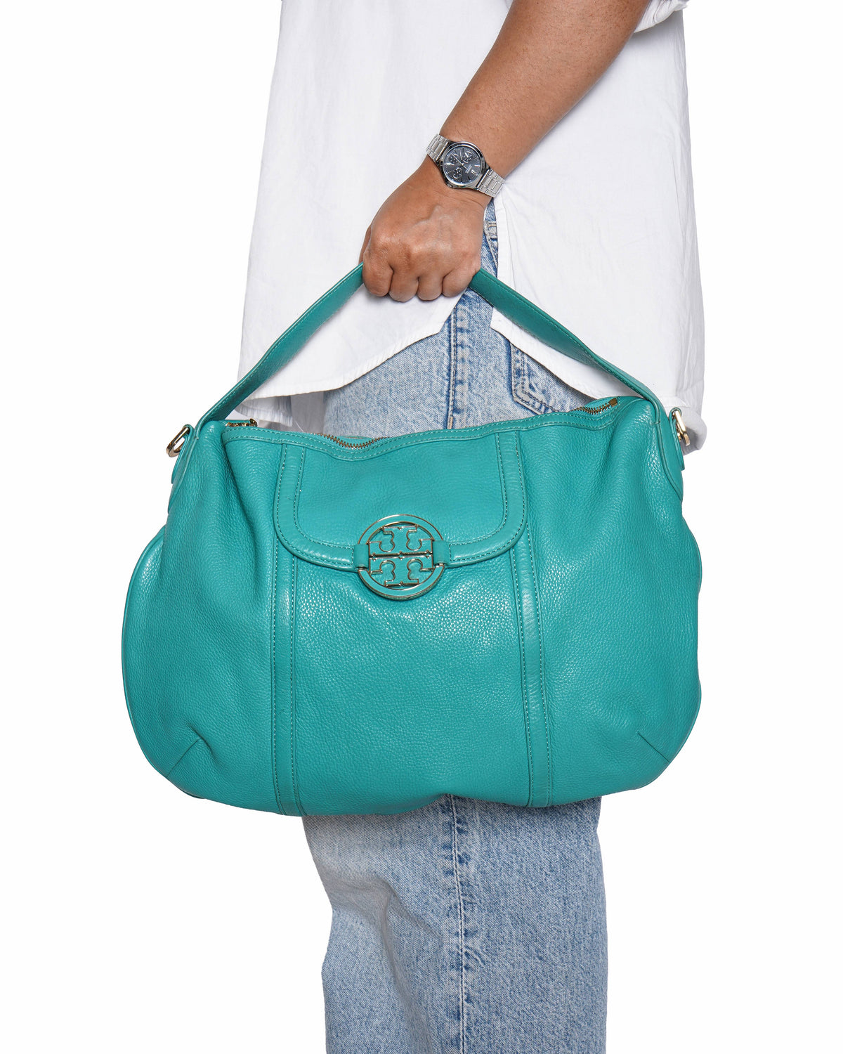 Tory Burch Teal Blue Leather Amanda Flat Hobo Bag