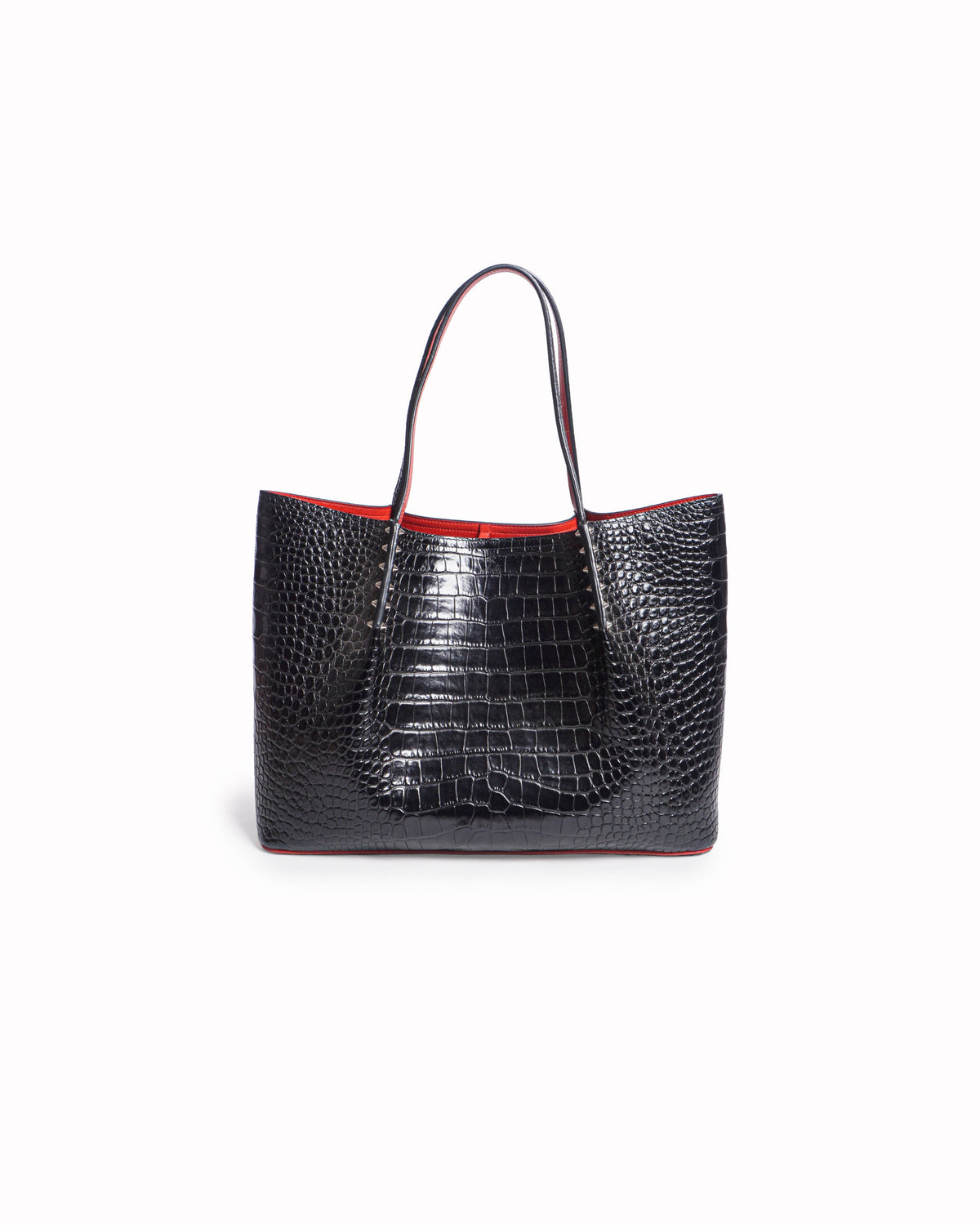 Christian Louboutin Cabarock Black Croc-Embossed Spiked Tote Bag