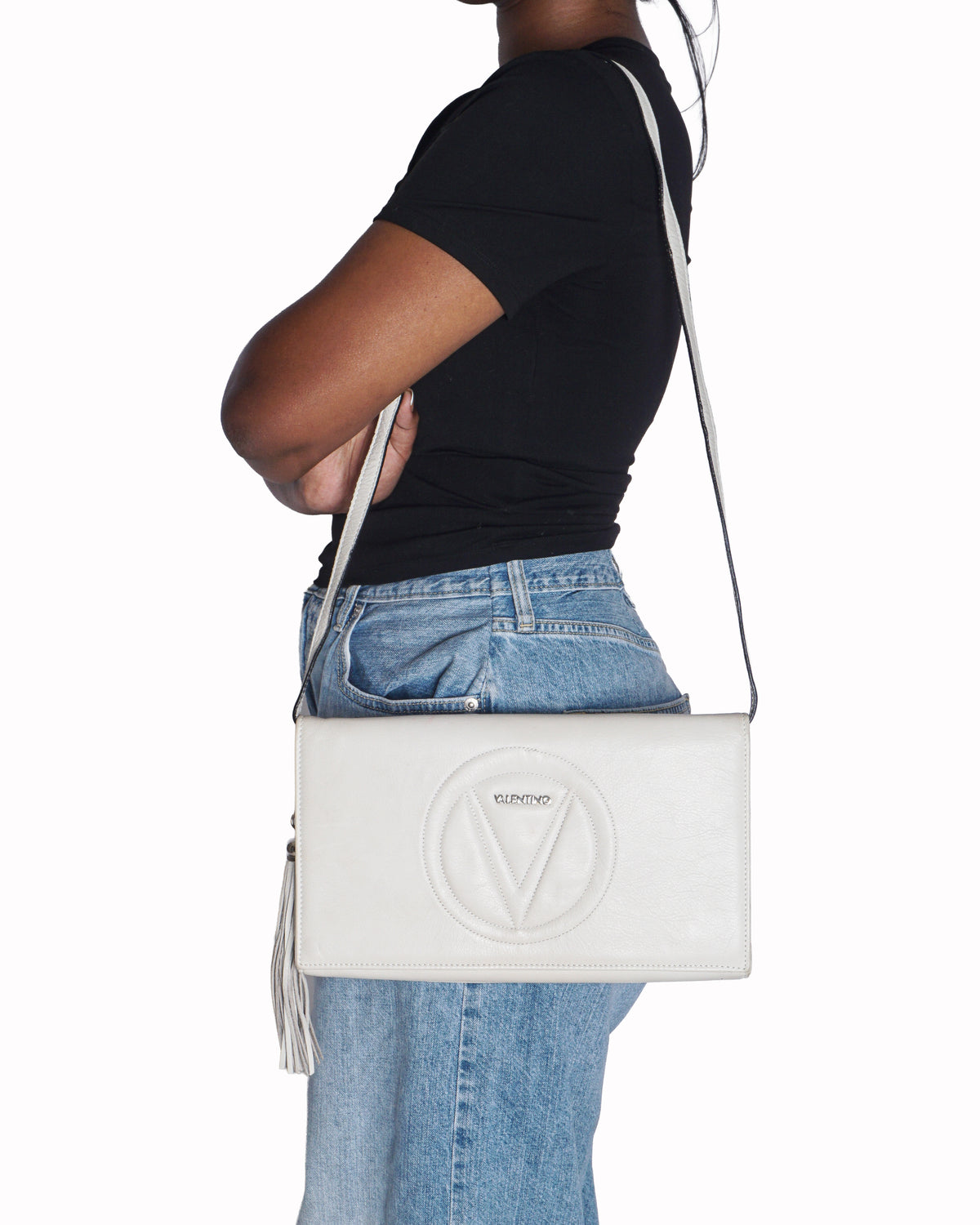 Valentino Leather V-Logo Tassel Clutch Bag