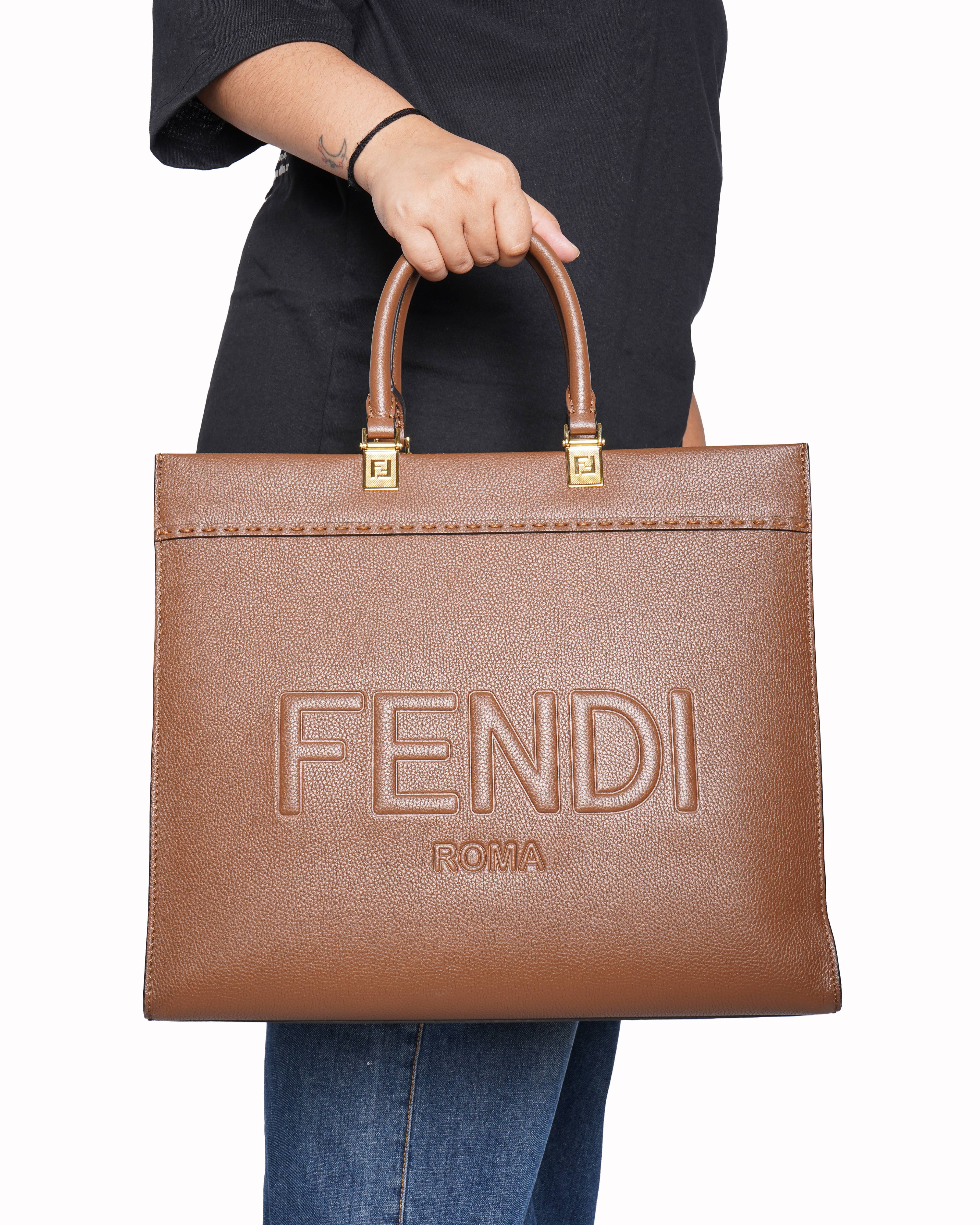 Fendi Sunshine Medium Brown Grained Leather Tote Bag | Authentic