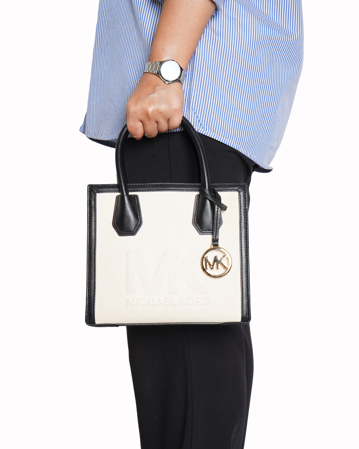 Michael Kors Top Handle Crossbody Bag In Black Leather & Canvas
