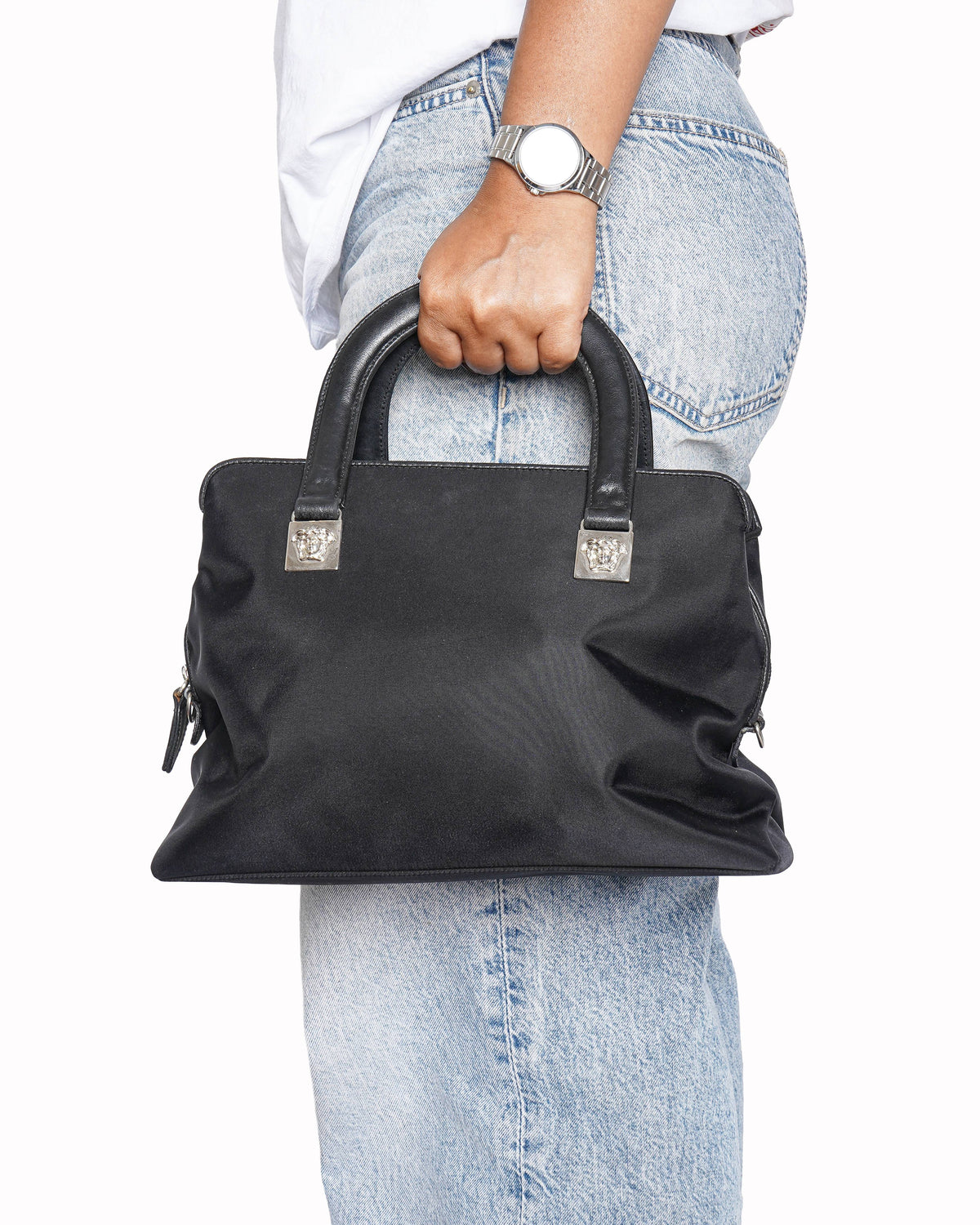 Vintage Versace Black Nylon and Leather Medusa Head Satchel Bag