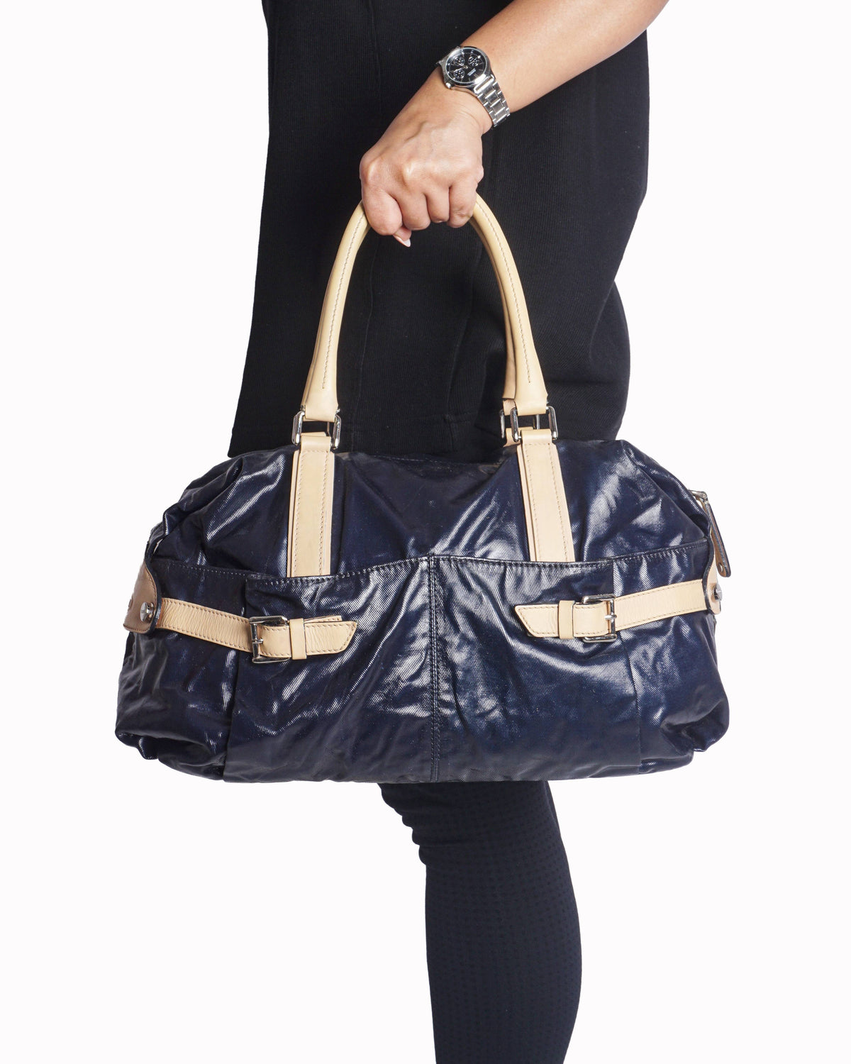 Tod's Navy Coated Canvas & Tan Leather G-Bag Satchel