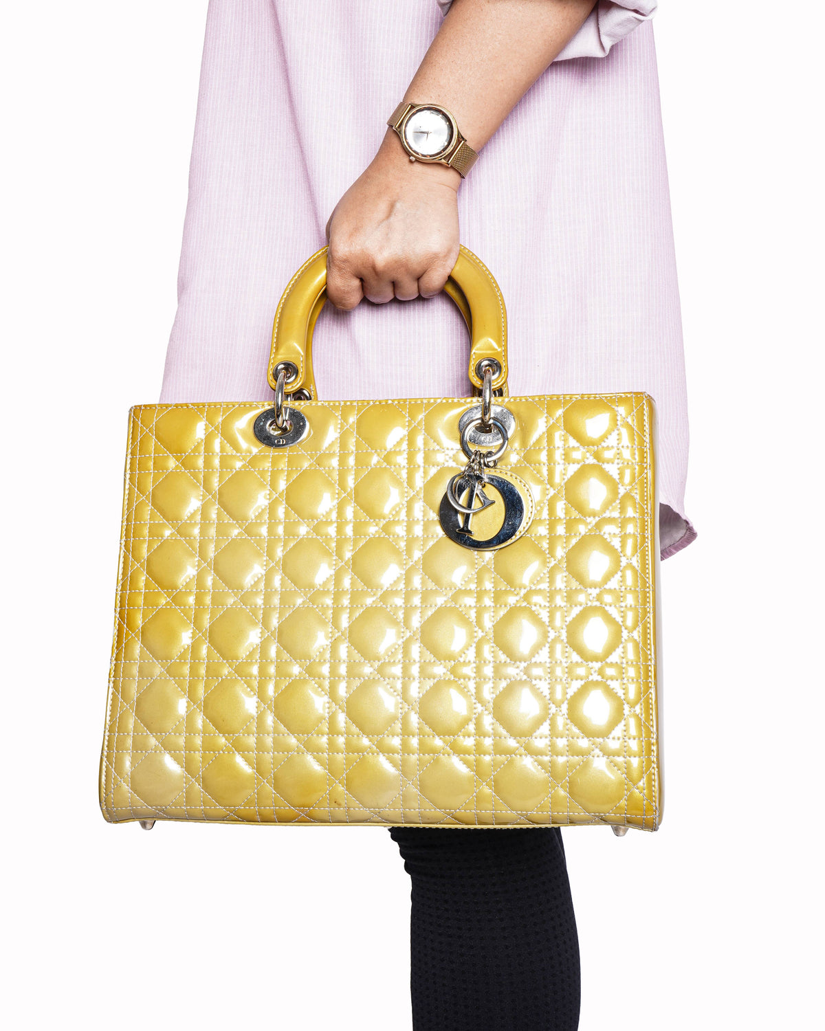 Christian Dior Large Mustard Yellow Cannage Patent Leather Lady Dior Bag