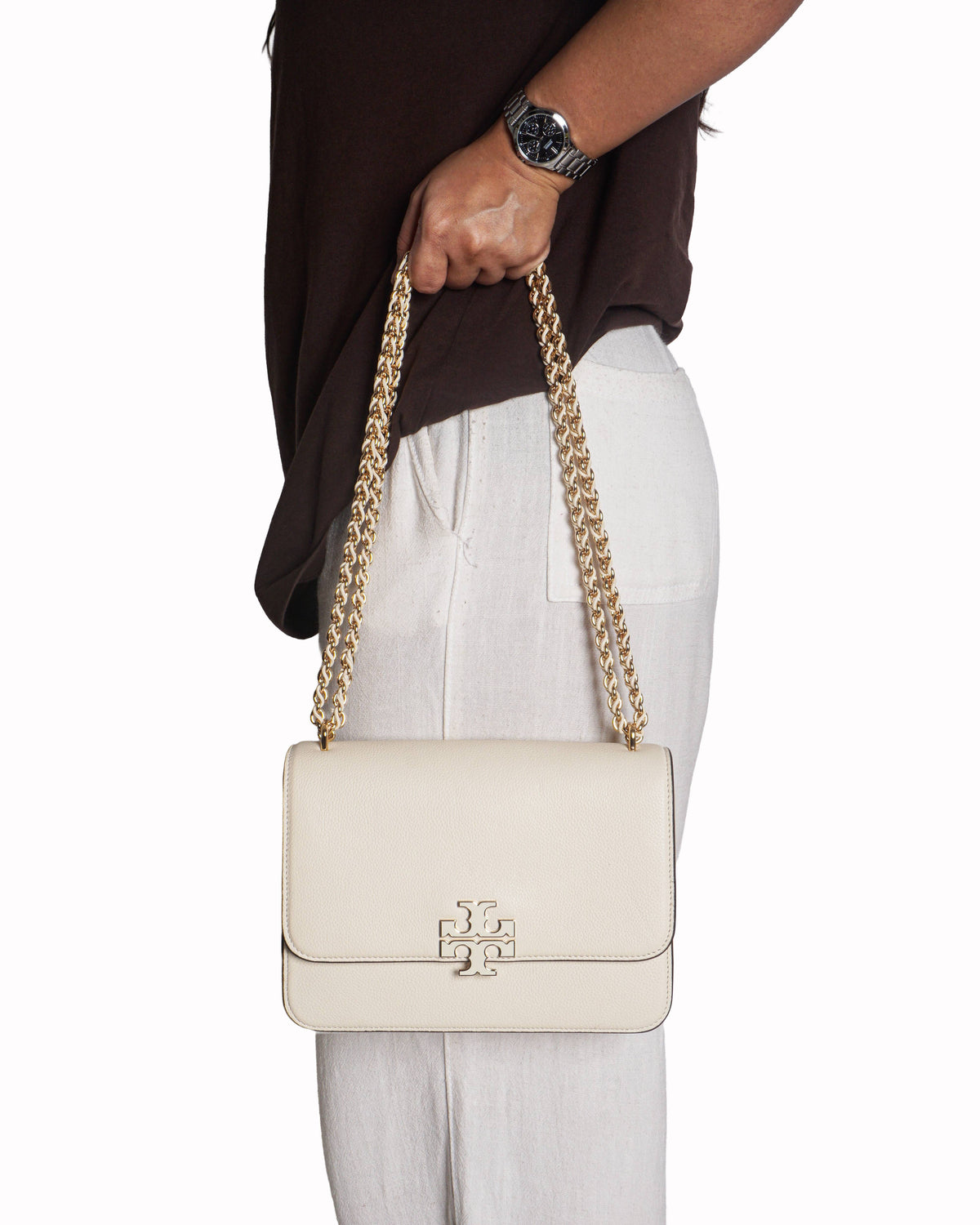 Tory Burch Cream Pebbled Leather Britten Chain Shoulder Bag