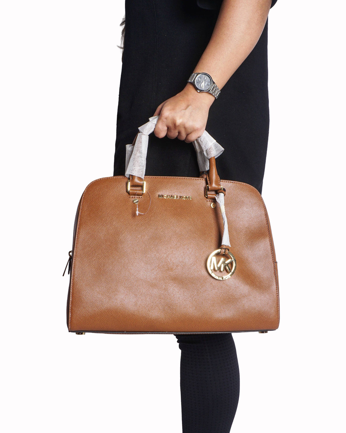 Michael Kors Cindy Large Tan Saffiano Leather Dome Satchel