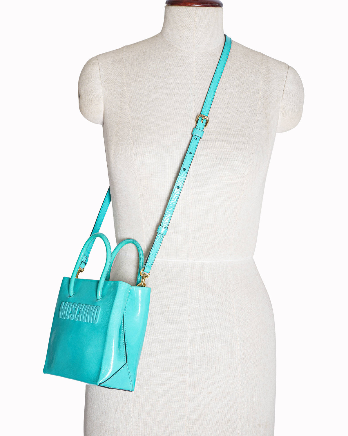 Moschino Small Logo Patent Leather Tote Bag In Aquamarine Blue