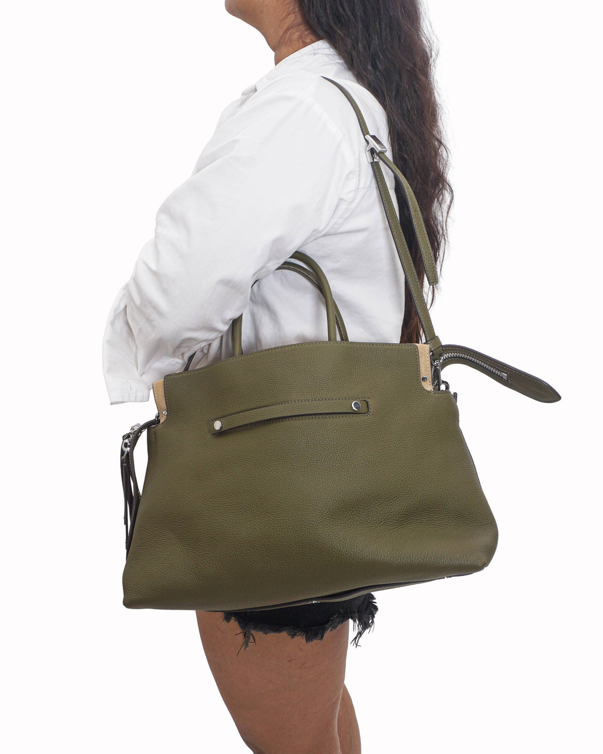 Tory Burch Olive Green Pebbled Leather Mercer Tote Bag