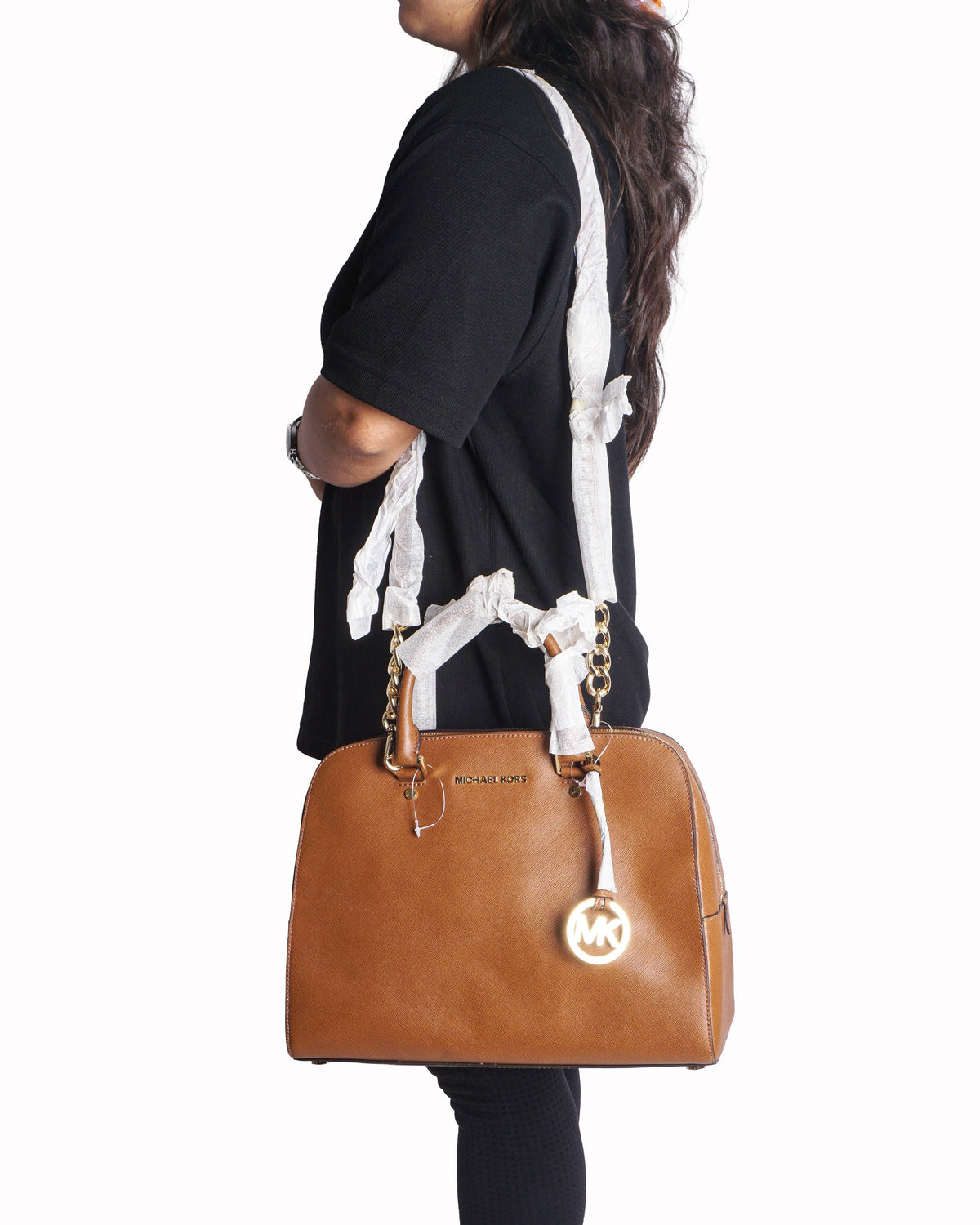 Michael Kors Cindy Large Tan Saffiano Leather Dome Satchel