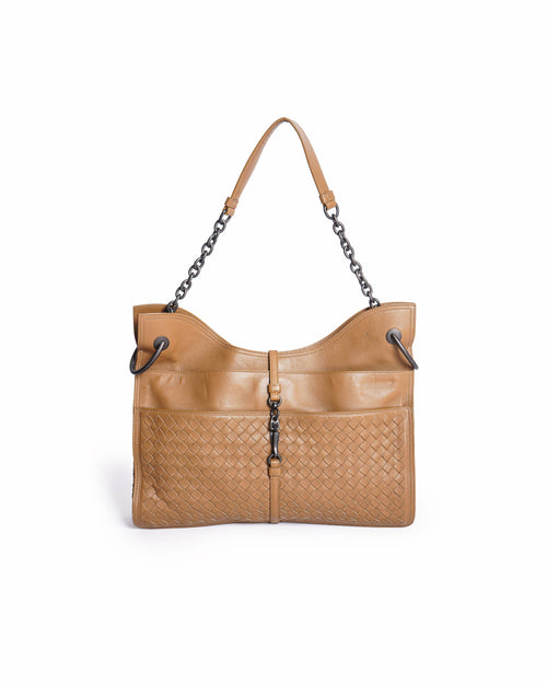 Bottega Veneta Intrecciato Chain Shoulder Bag In Beige