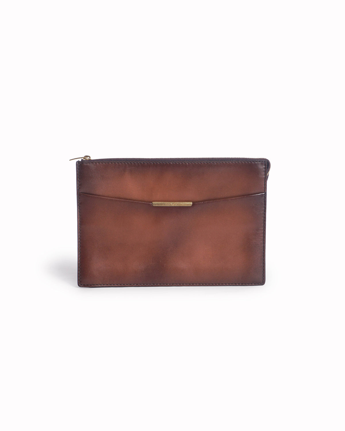 Salvatore Ferragamo Cognac Brown Leather Zip Clutch