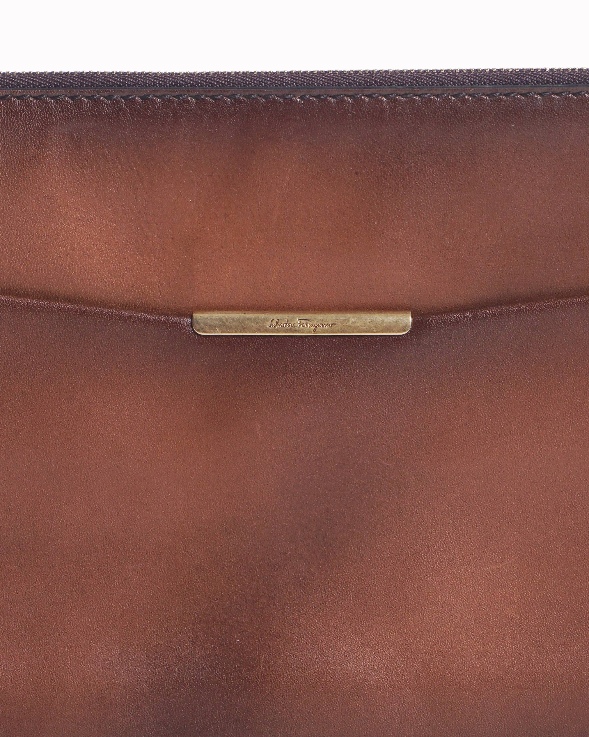 Salvatore Ferragamo Cognac Brown Leather Zip Clutch