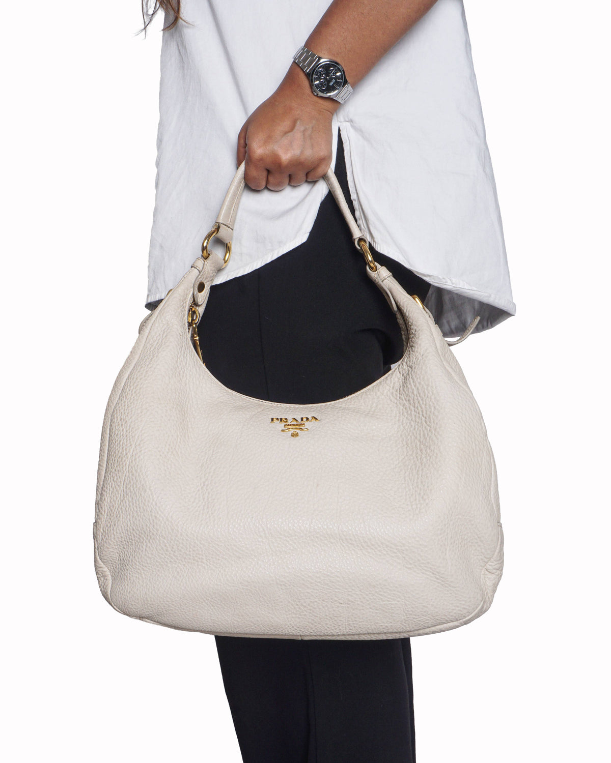 Prada Beige Vitello Daino Leather Hobo Bag