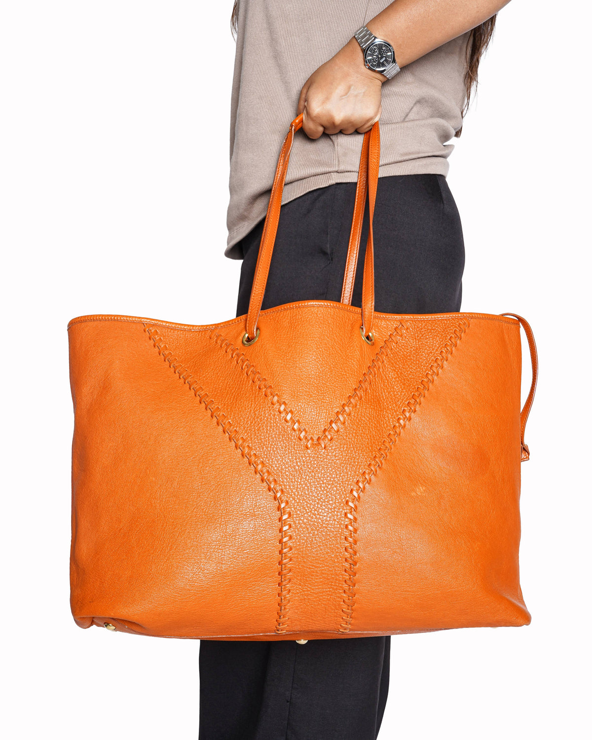 Yves Saint Laurent Orange/Brown Calfskin Leather Reversible Neo Double Tote Bag