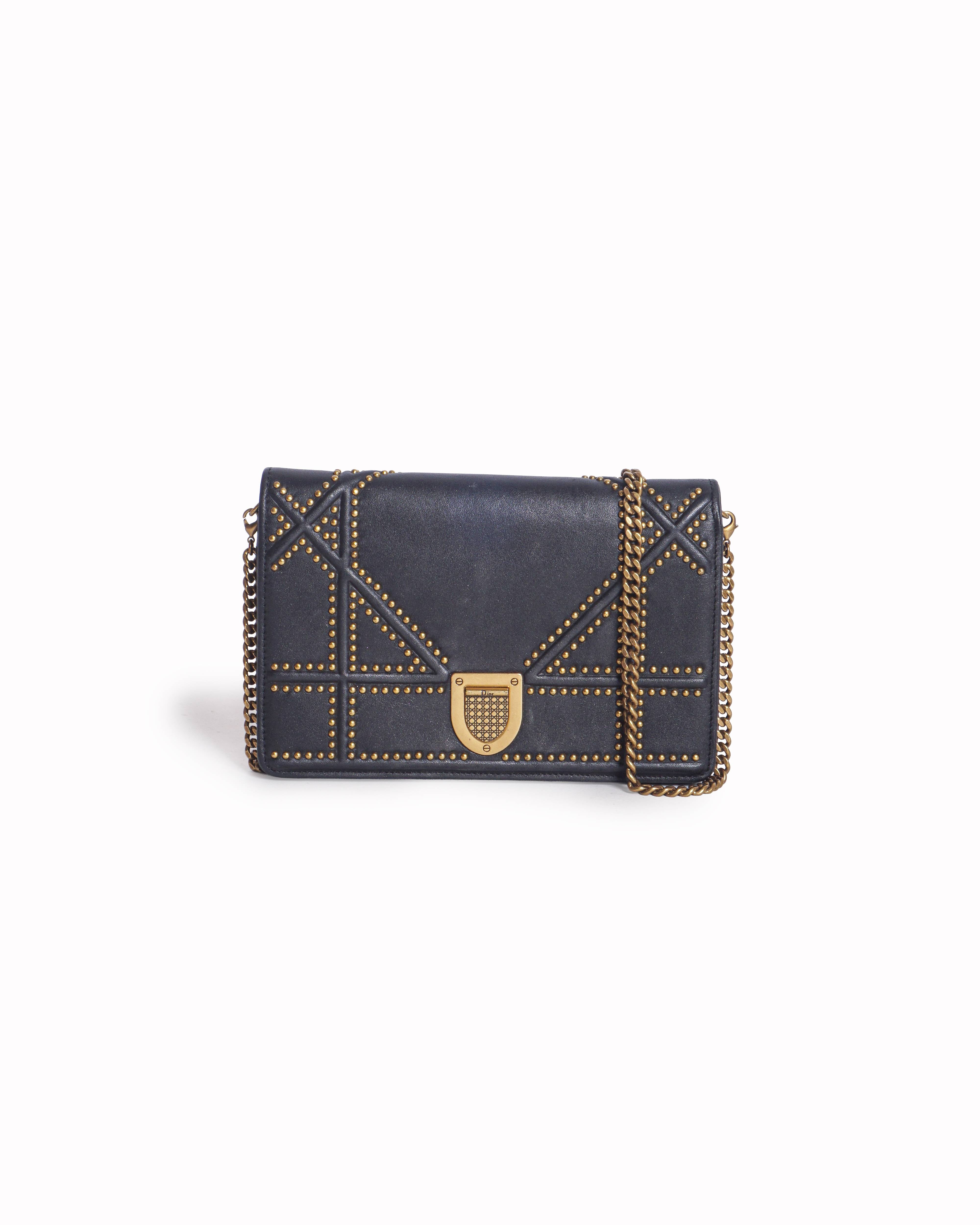 Christian Dior Black Studded Leather Diorama Wallet On Chain
