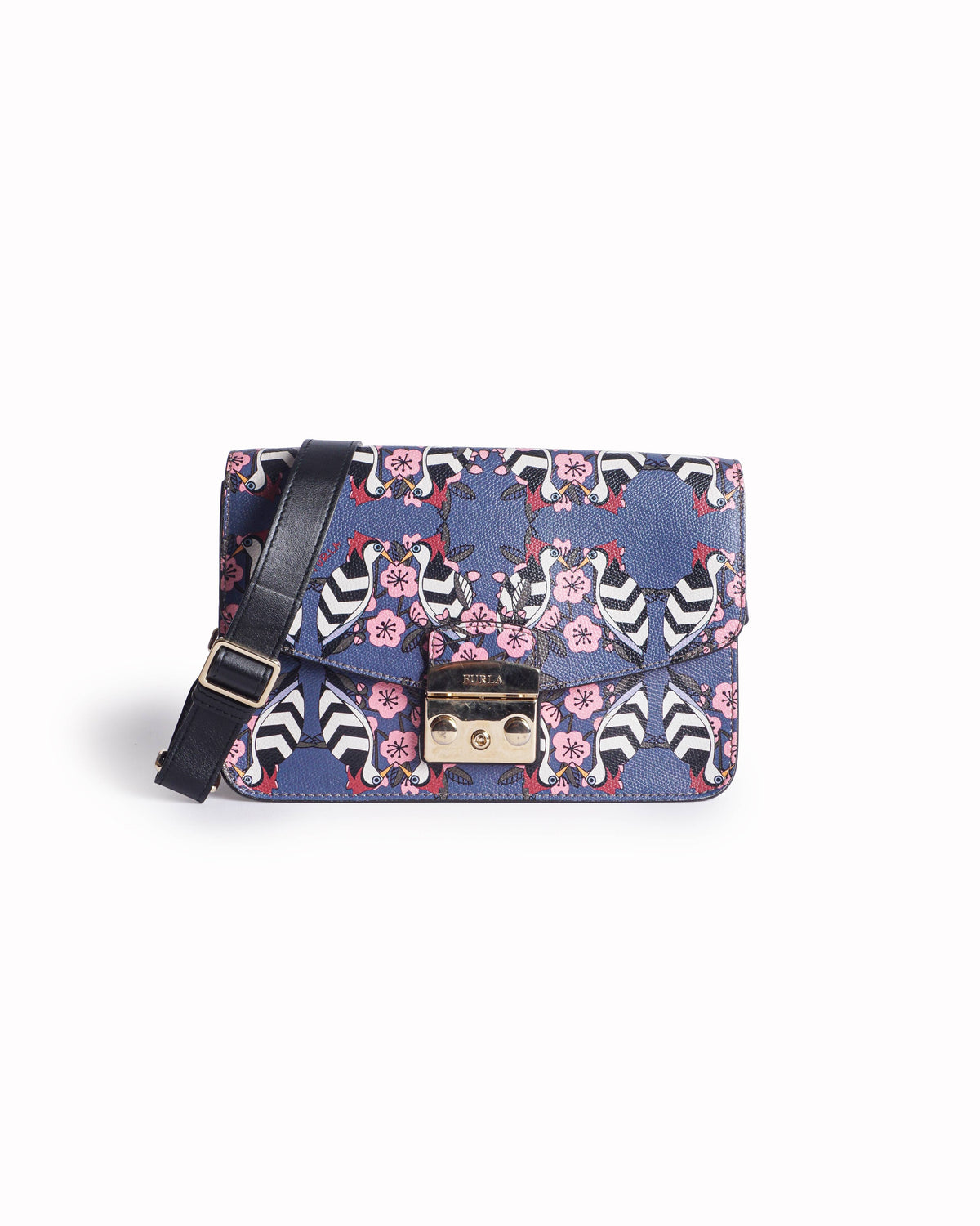 Furla Blue Leather Bird & Floral Print Push-Lock Shoulder Bag