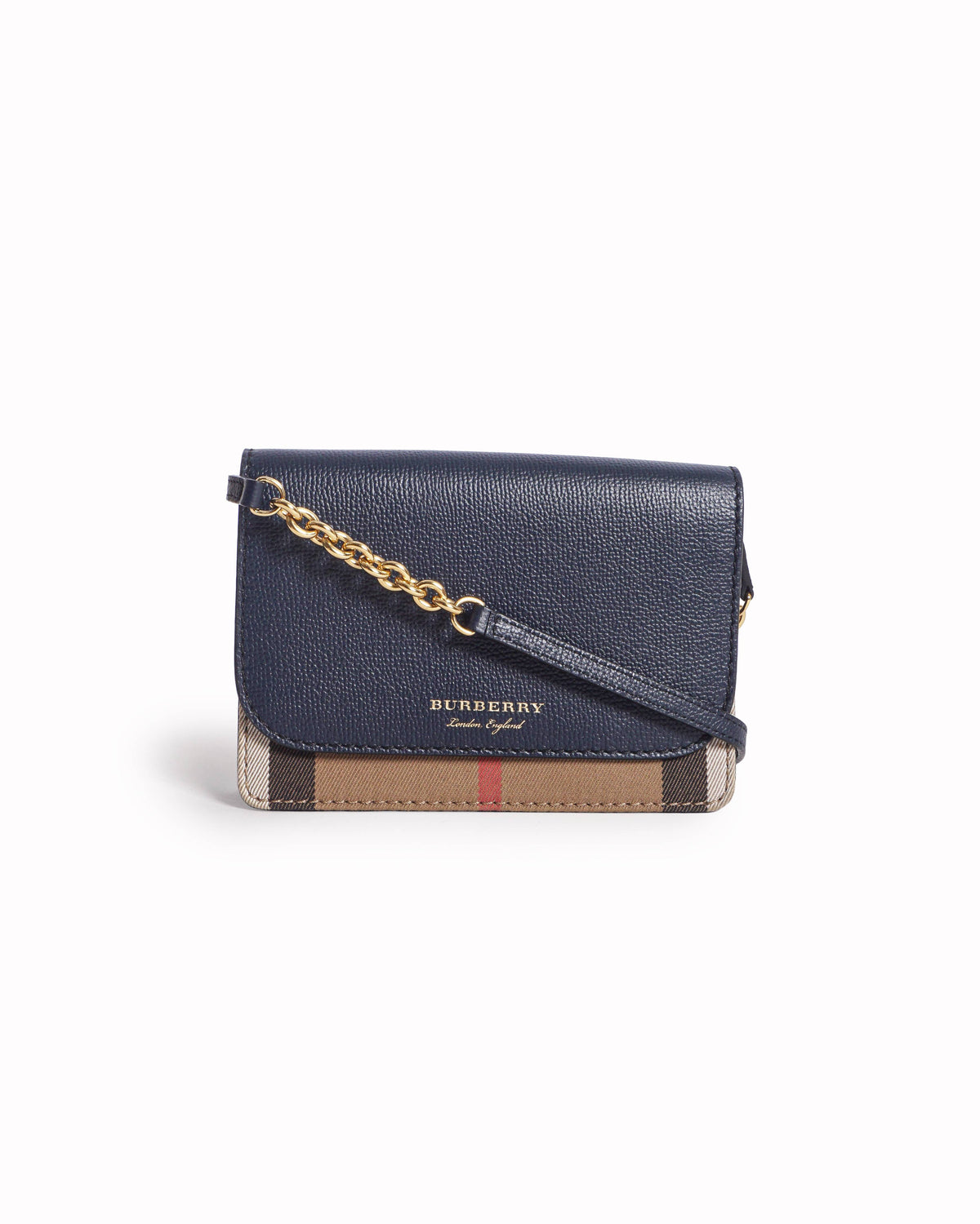 Burberry Hampshire Black Leather & House Check Wallet on Chain Crossbody Bag