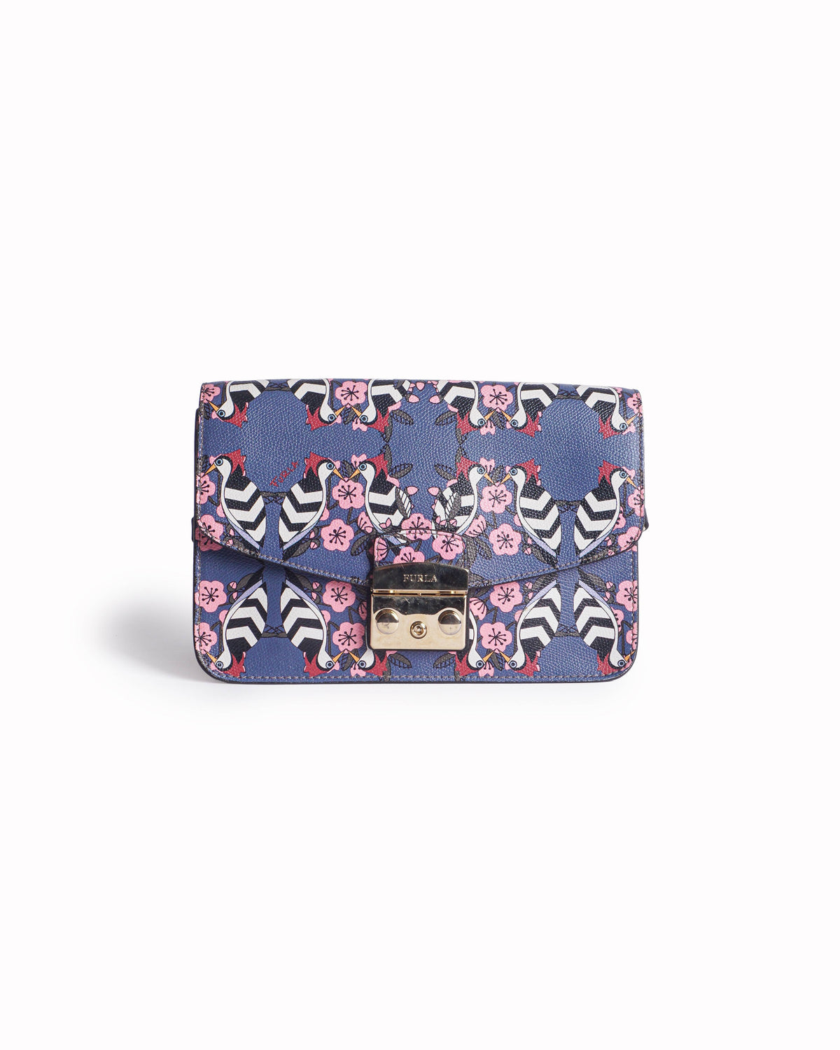 Furla Blue Leather Bird & Floral Print Push-Lock Shoulder Bag