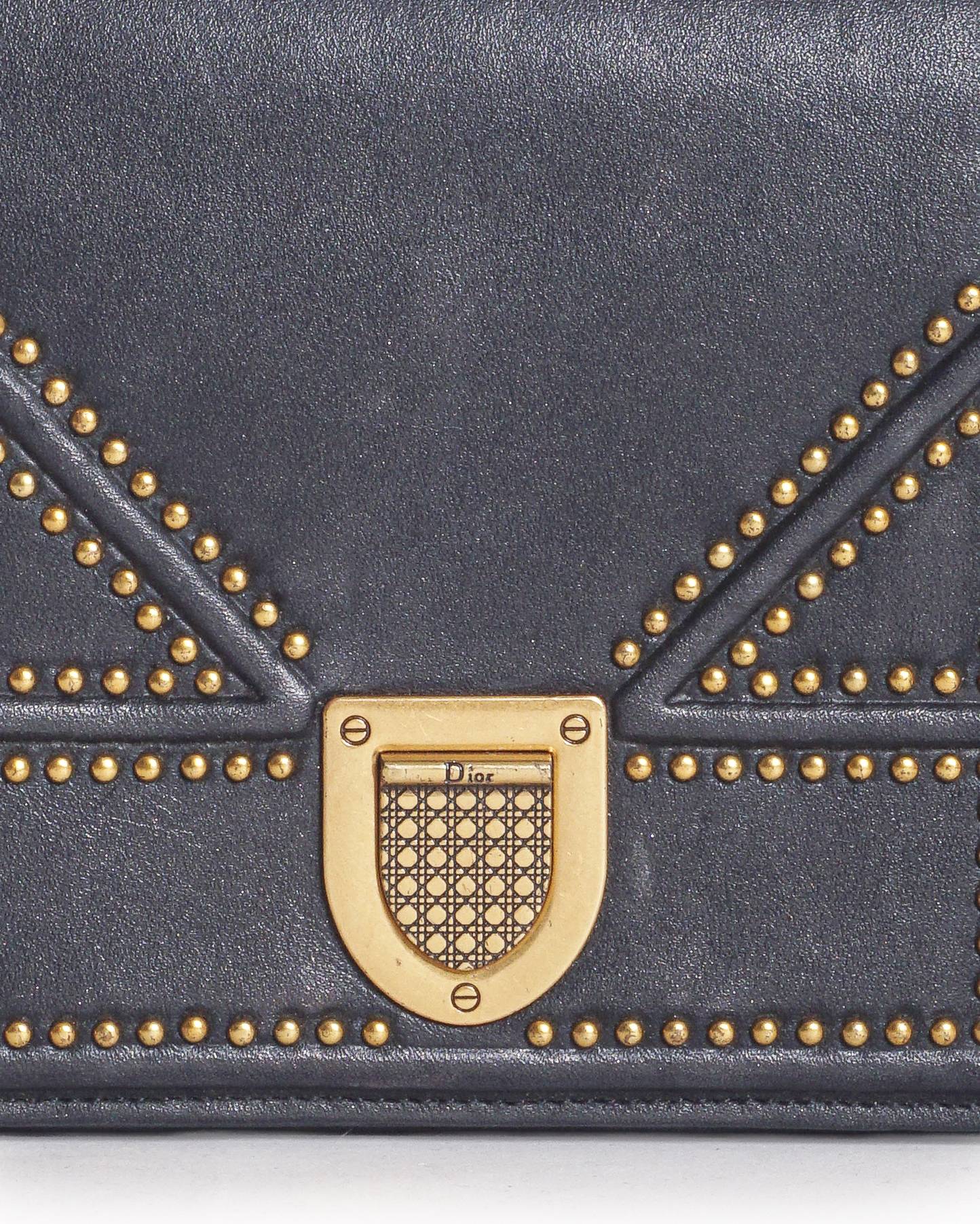 Christian Dior Black Studded Leather Diorama Wallet On Chain