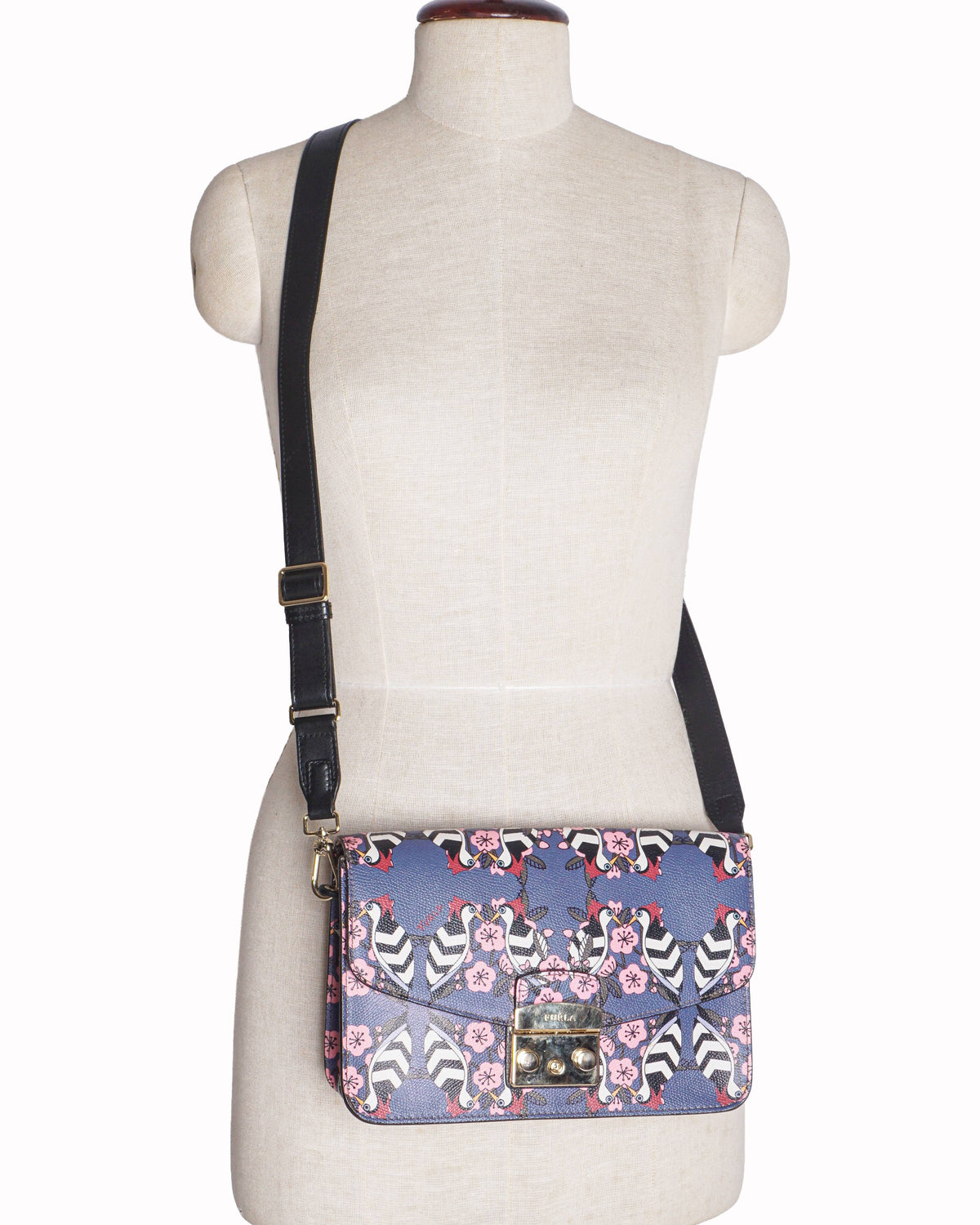Furla Blue Leather Bird & Floral Print Push-Lock Shoulder Bag