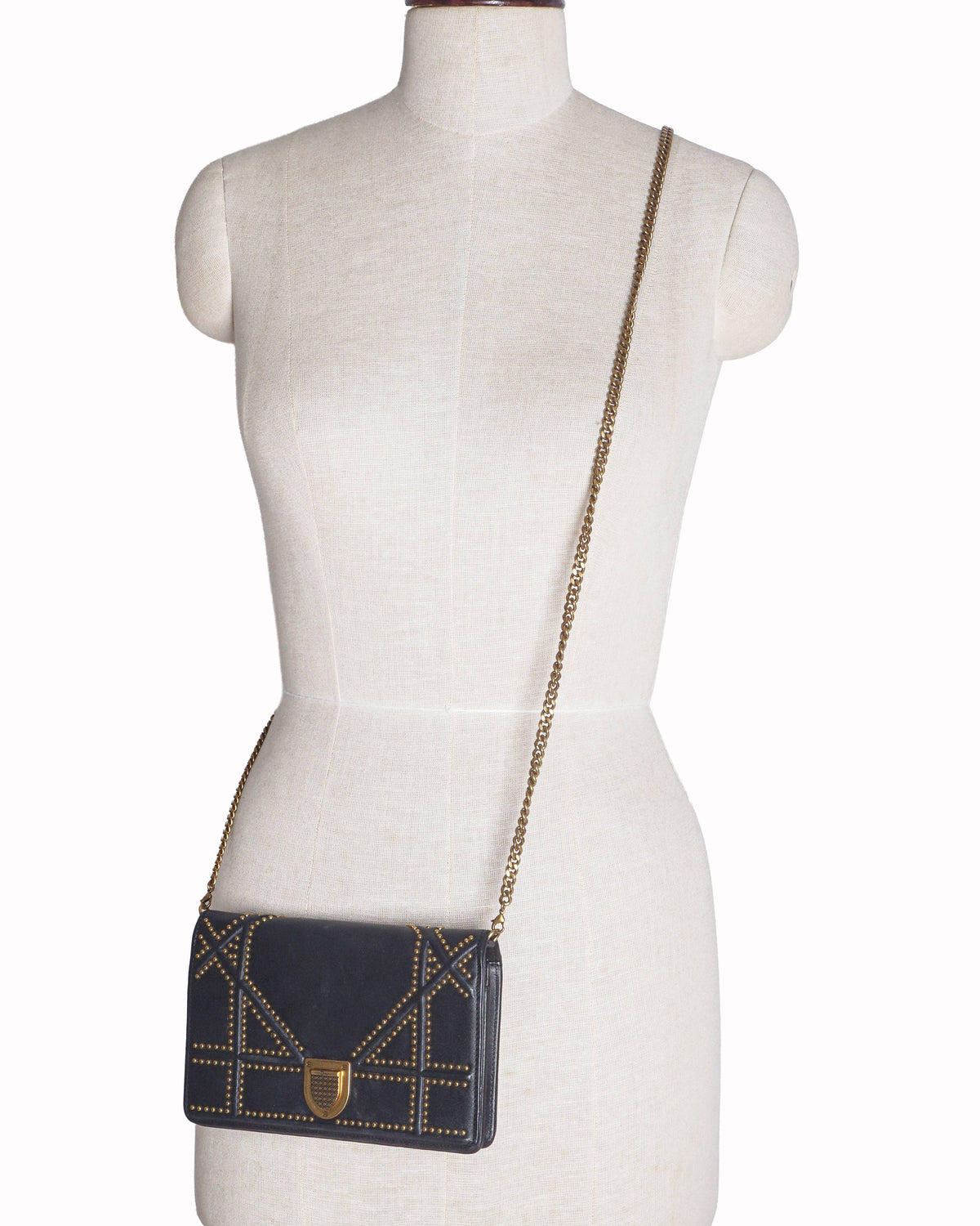 Christian Dior Black Studded Leather Diorama Wallet On Chain