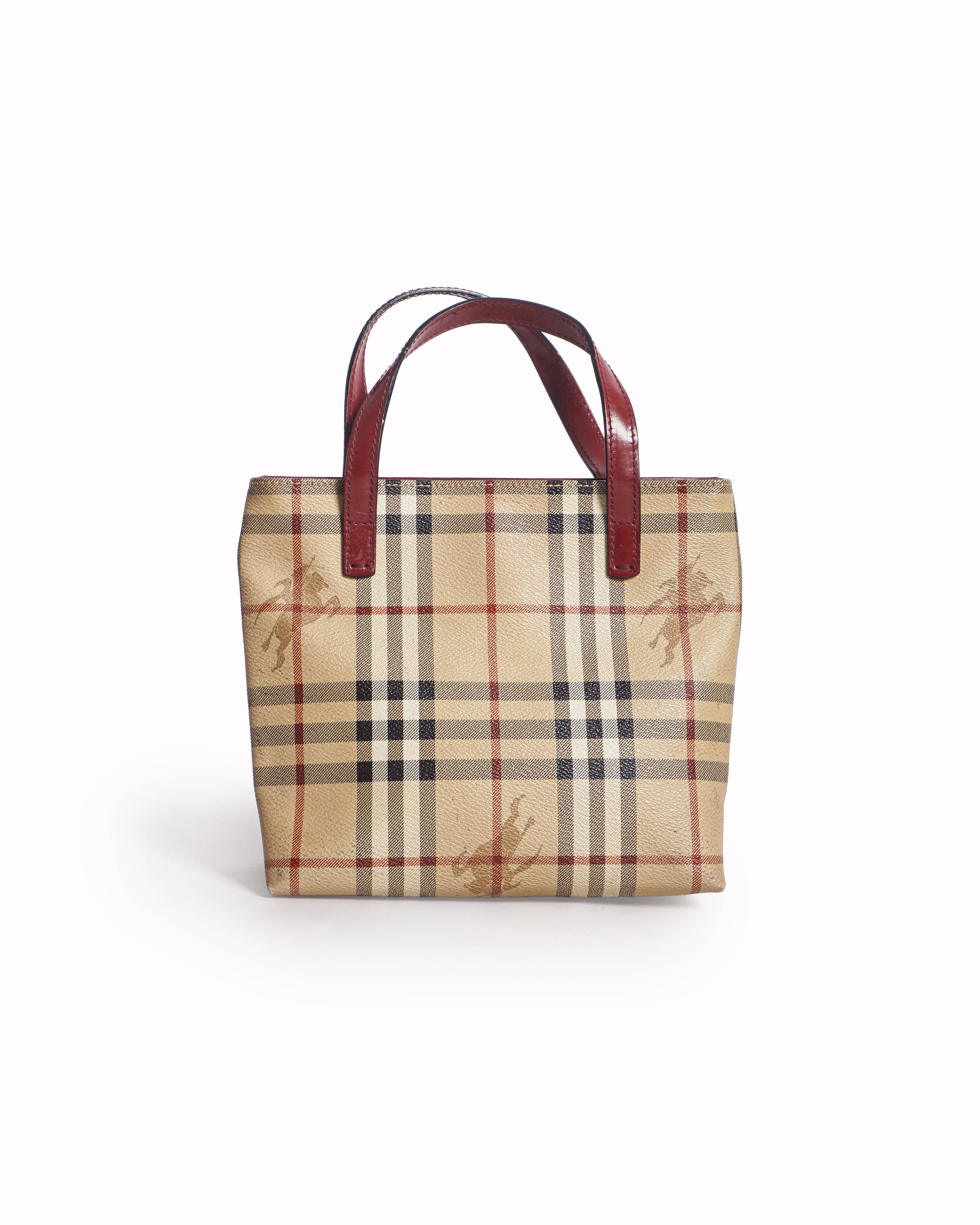 Burberry Nova Check Small Tote Bag with Red Handles