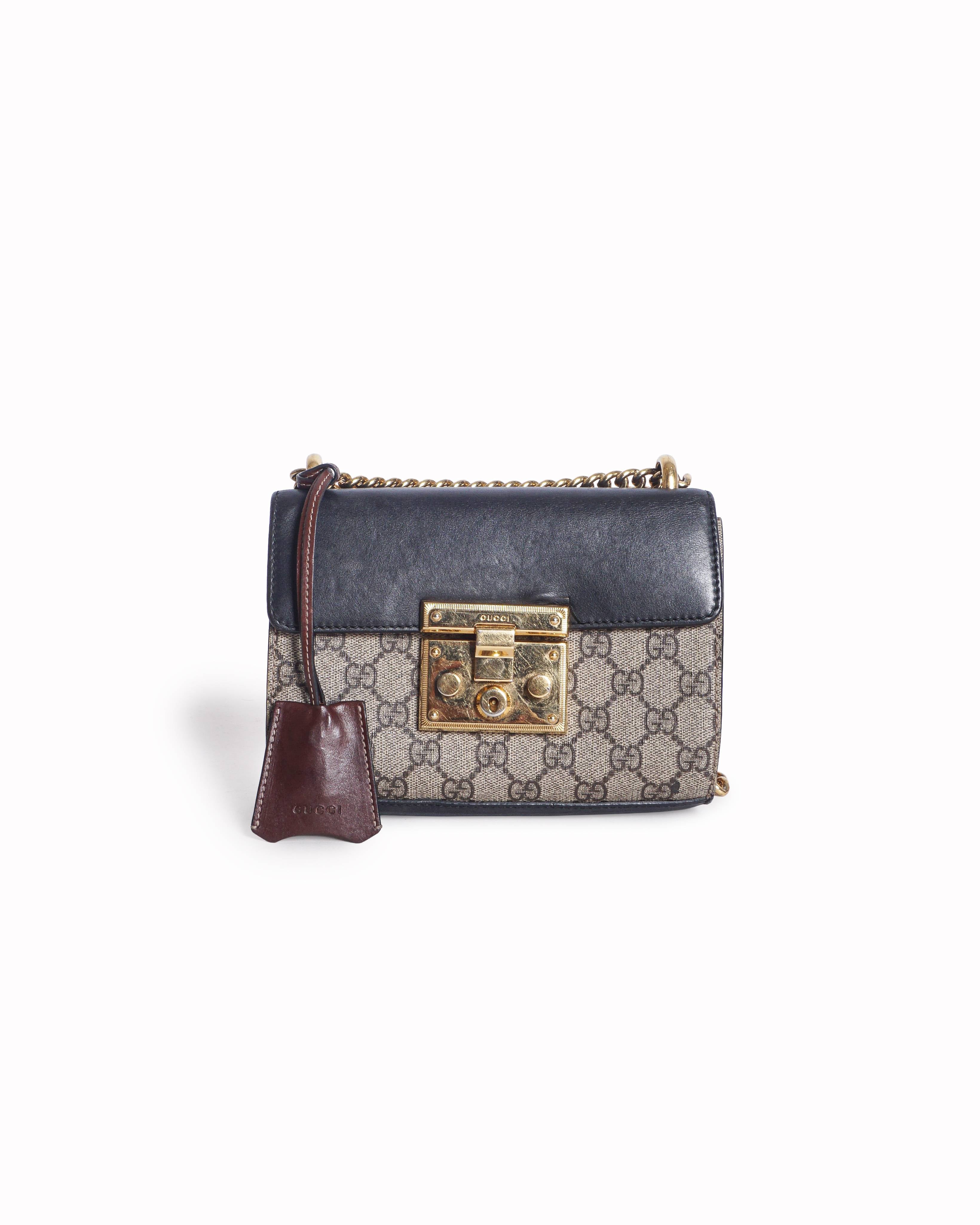 Gucci Black Leather GG Supreme Canvas Padlock Shoulder Bag
