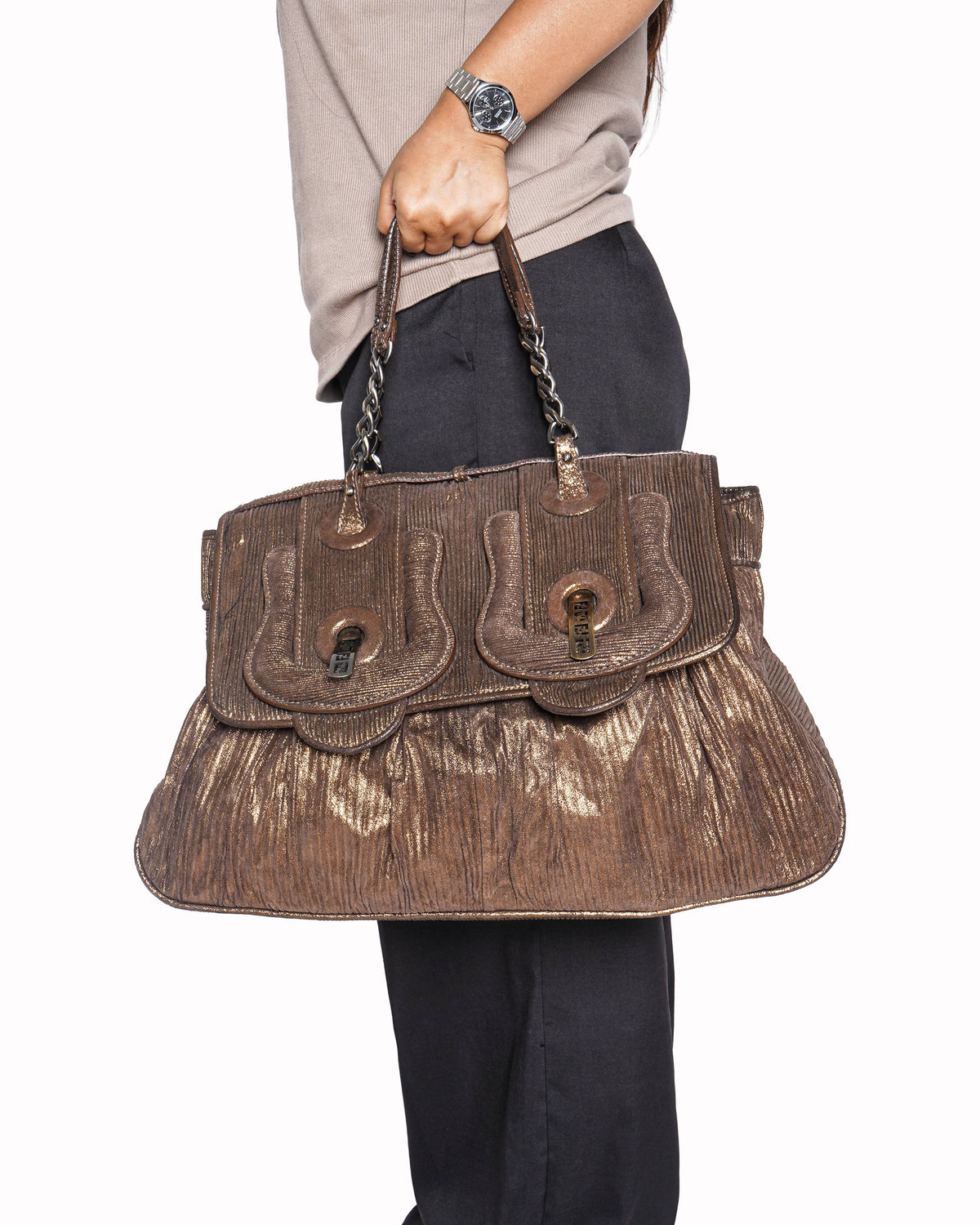 Fendi Pleated Metallic Leather B Bag