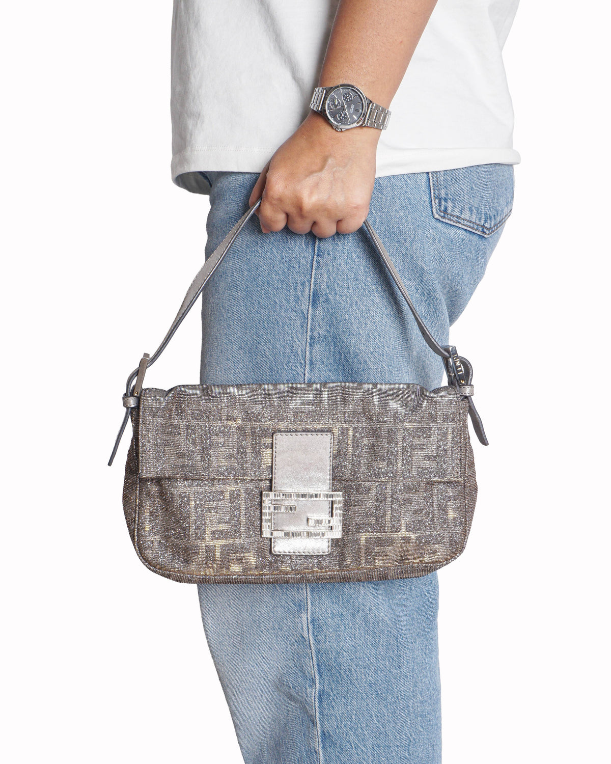 Fendi Metallic Shimmer Zucca Crystal FF Baguette Bag