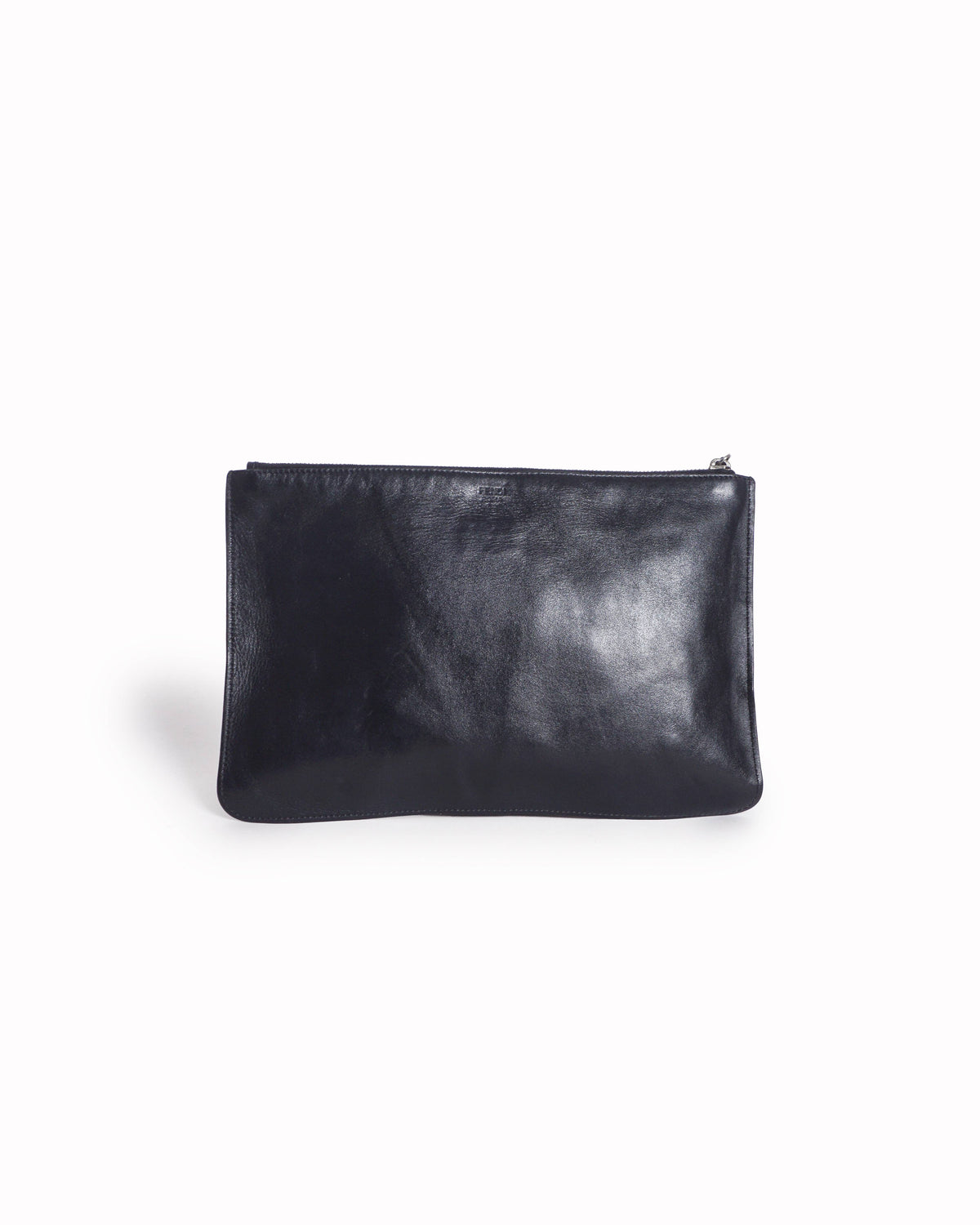 Fendi Black Leather Silver Metal Monster Eyes Flat Pouch Clutch