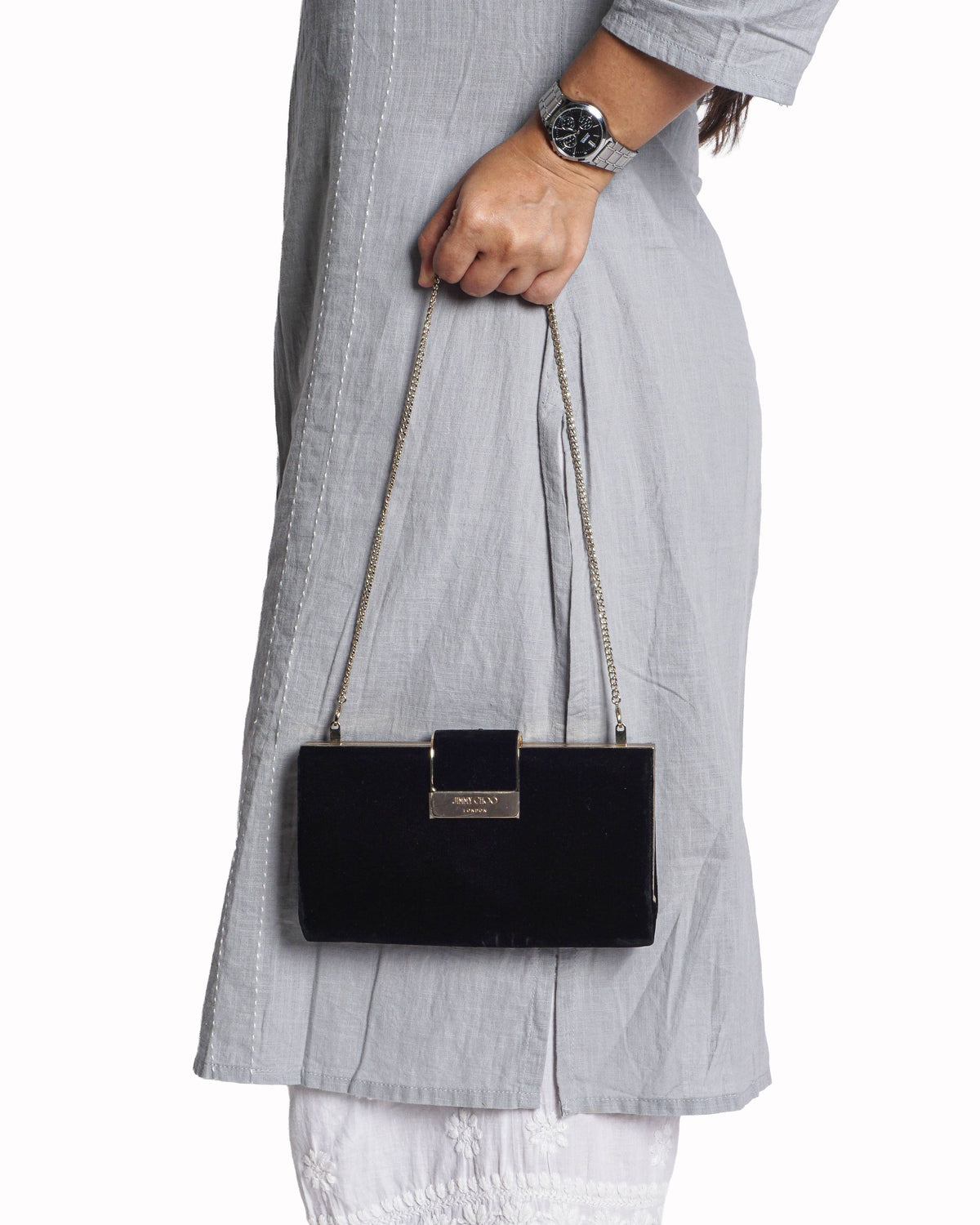 Jimmy Choo Black Velvet Gold-Frame Clutch with Chain