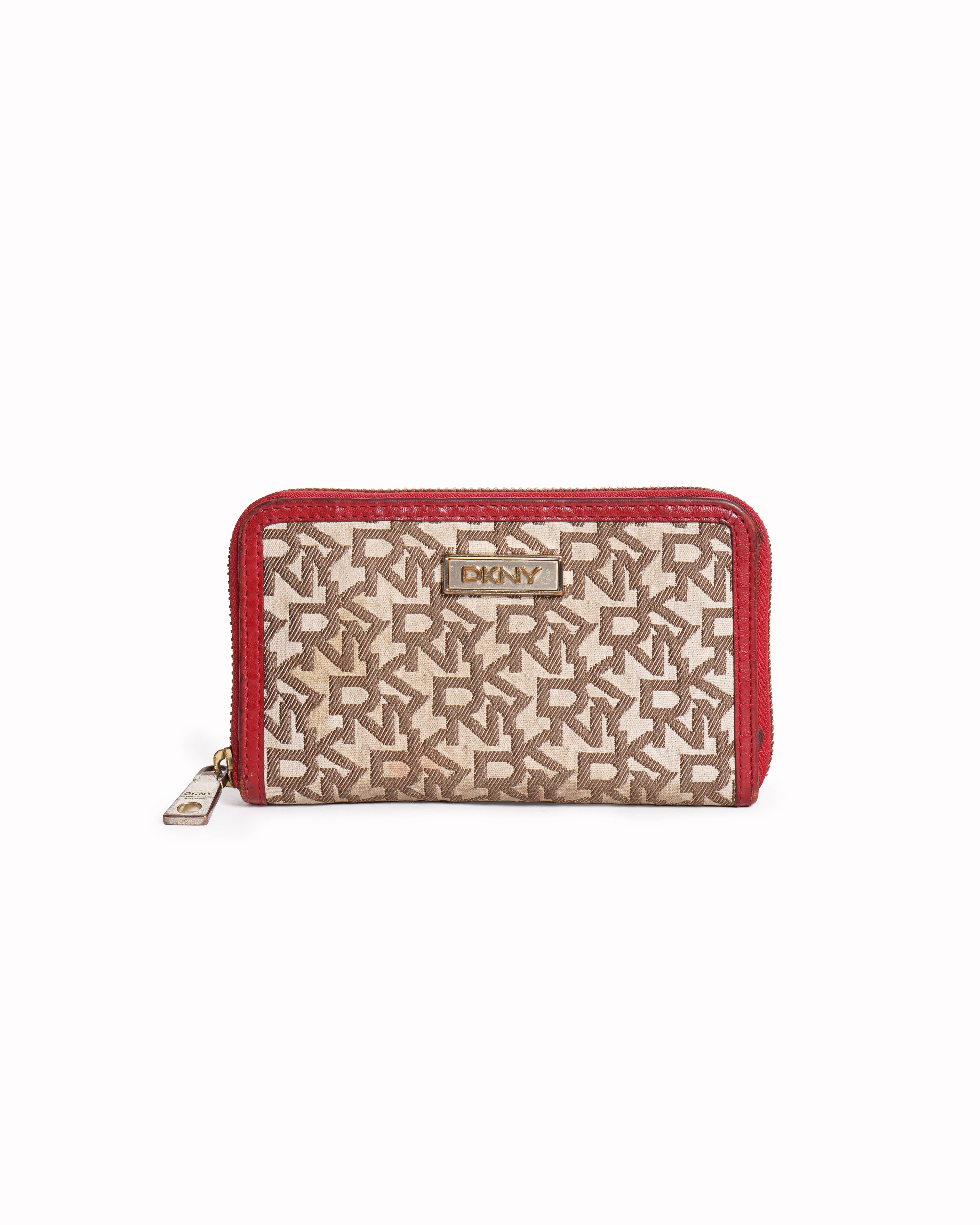 DKNY Beige/Red Canvas and Leather Zip Around Wallet