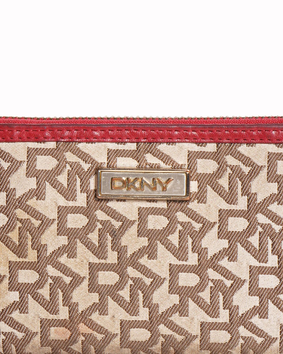 DKNY Beige/Red Canvas and Leather Zip Around Wallet