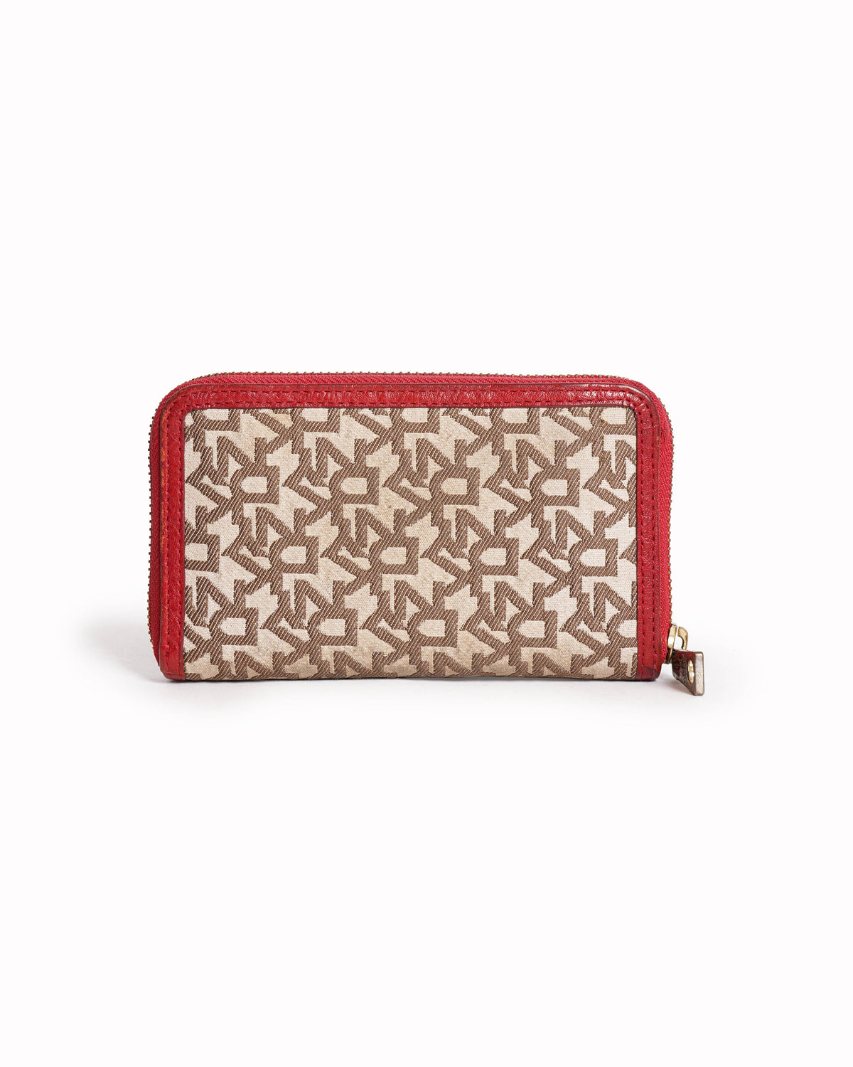 DKNY Beige/Red Canvas and Leather Zip Around Wallet