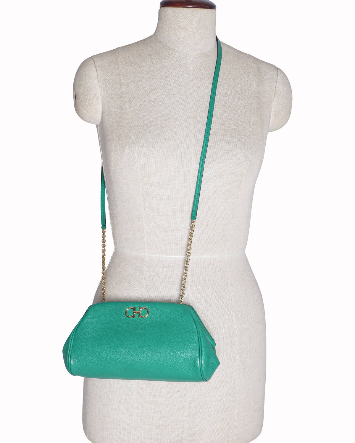 Salvatore Ferragamo Green Pebbled Leather Gancini Mini Crossbody Bag